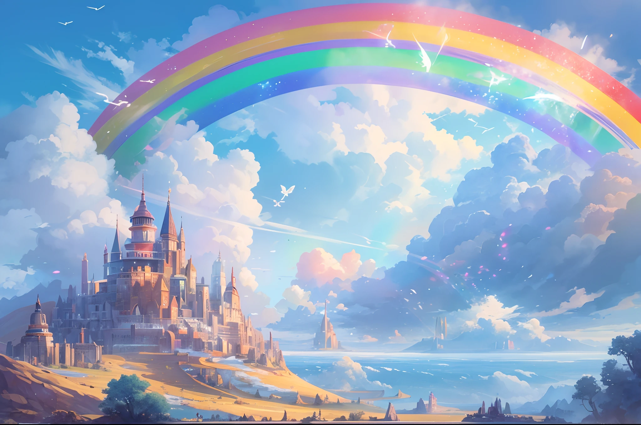 ((Need)), ((tmasterpiece)), (A detailed),rainbowing,Blue sky and white cloud background，Detail rainbow,Blue sky rainbow，ethereal rainbows，1 fairy，16k,UHD resolution，Simple composition，anatomy correct，Surreal dreams，Surrealist art fantasy style，Epic digital fantasy art style