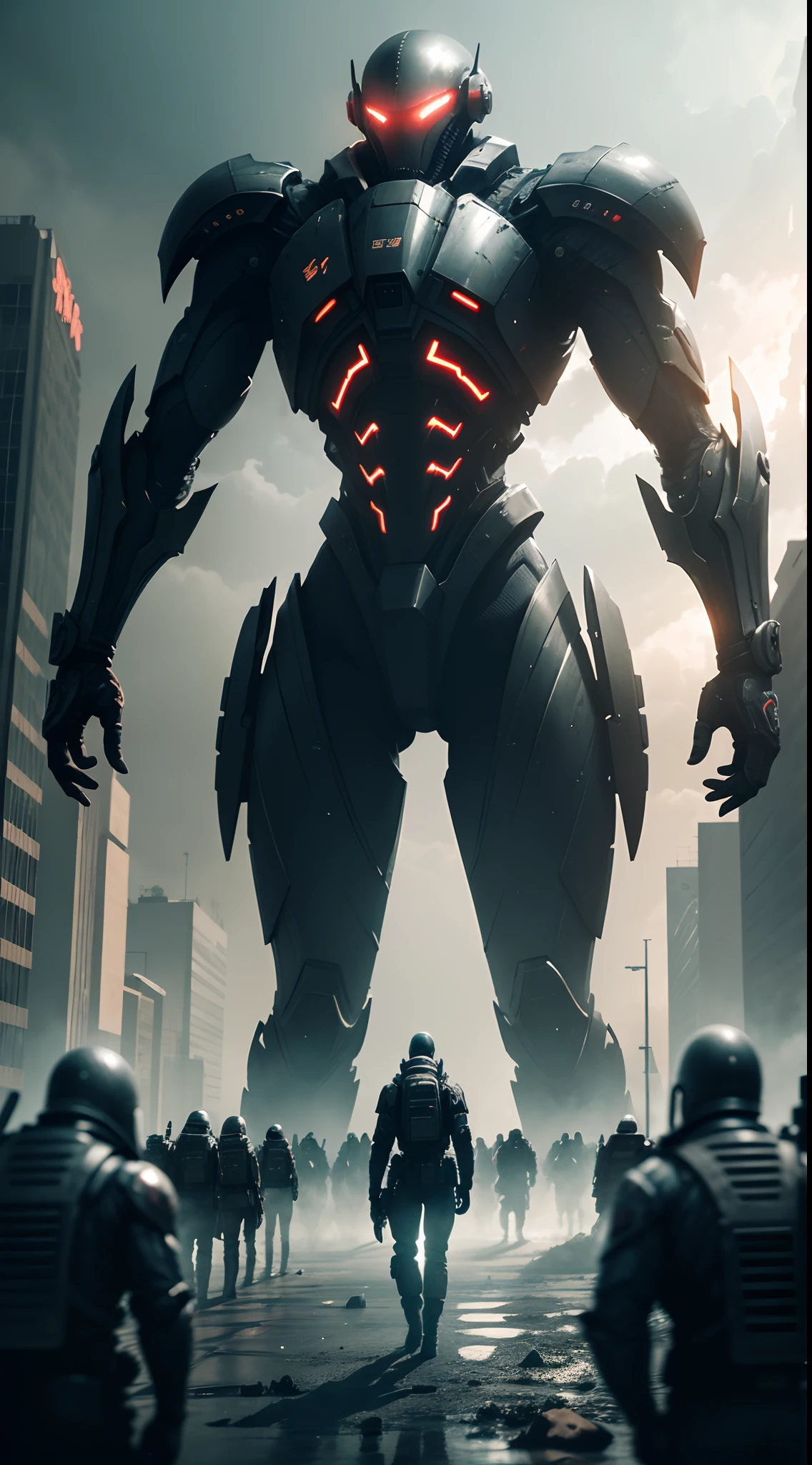 "Creepy and intense alien invasion scene with dark atmosphere, dramatic lighting, and intense action. Show powerful extraterrestrial creatures, advanced technology, destroyed cityscape, panicked civilians, and a sense of imminent danger. Generate an unsettling and immersive image that captures the chaos and terror of an otherworldly invasion. a group of humans wearing futuristic suits are fighting with laser guns, bloody war, The scene is extremely complex, extremely impressive with intricate details, extremely smooth displayed textures. Bright, sharp light" masterpiece, best quality, intricate detail, complex scenery, thrilling, dramatic action, 8k, hdr --auto