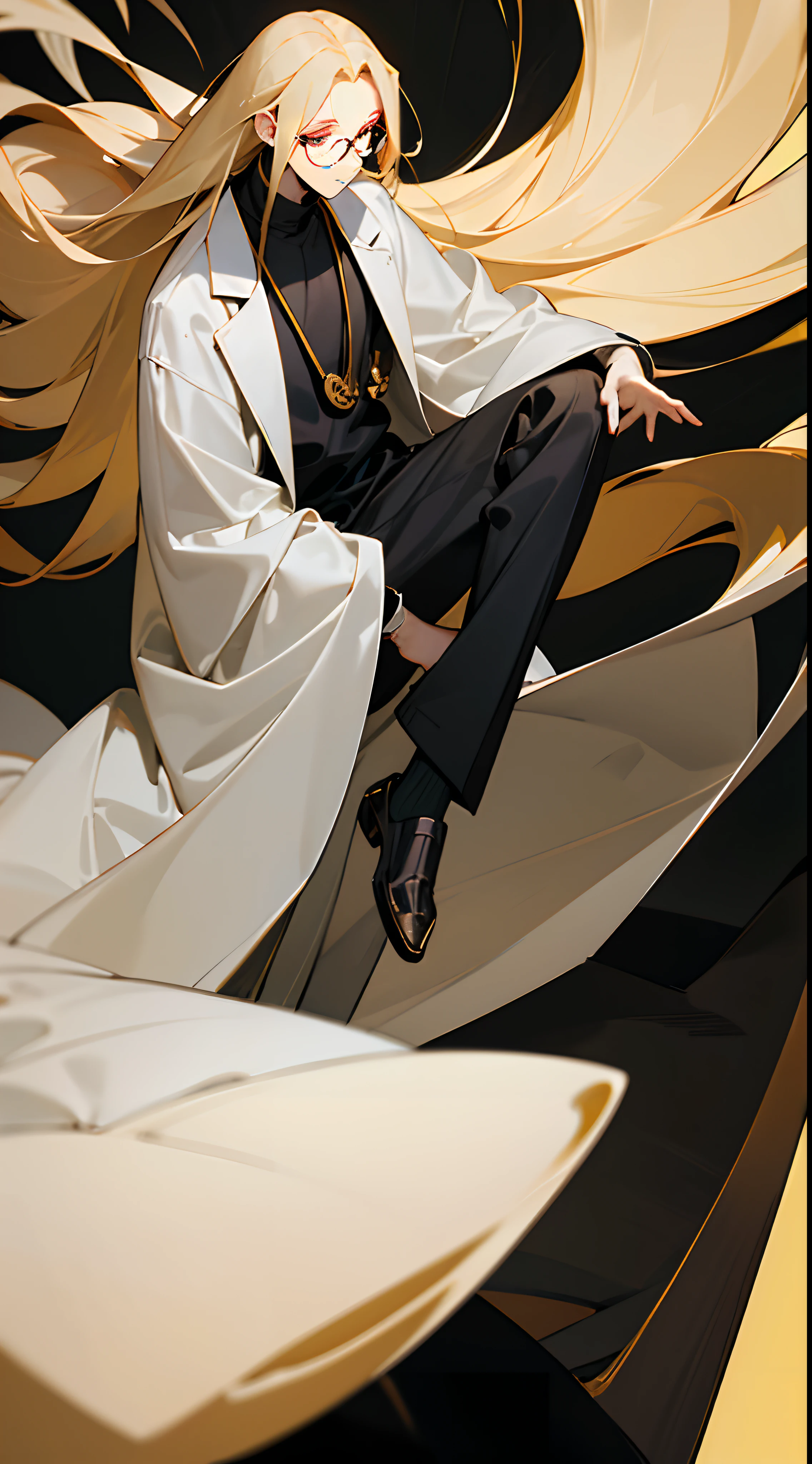 illustration, beat quality, 1man, handsome, Dark corridor, night, dark, sitting, pale skin, black eyes, relaxed expression, gold-rimmed glasses, long straight blonde hair, dark gray sweater, black wide pants, White medical gown wide open
