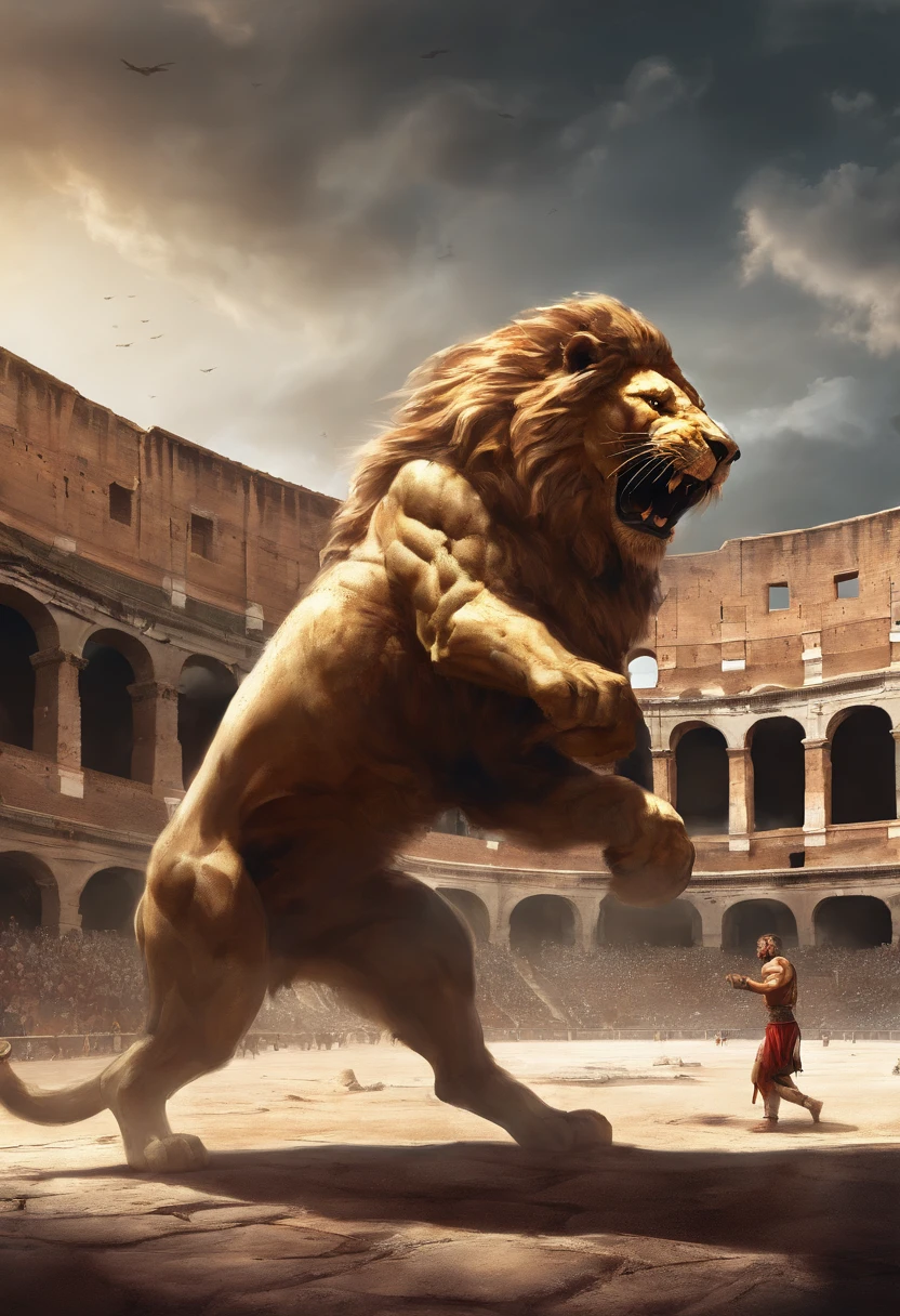 Roman slave fighting a lion in the colosseum