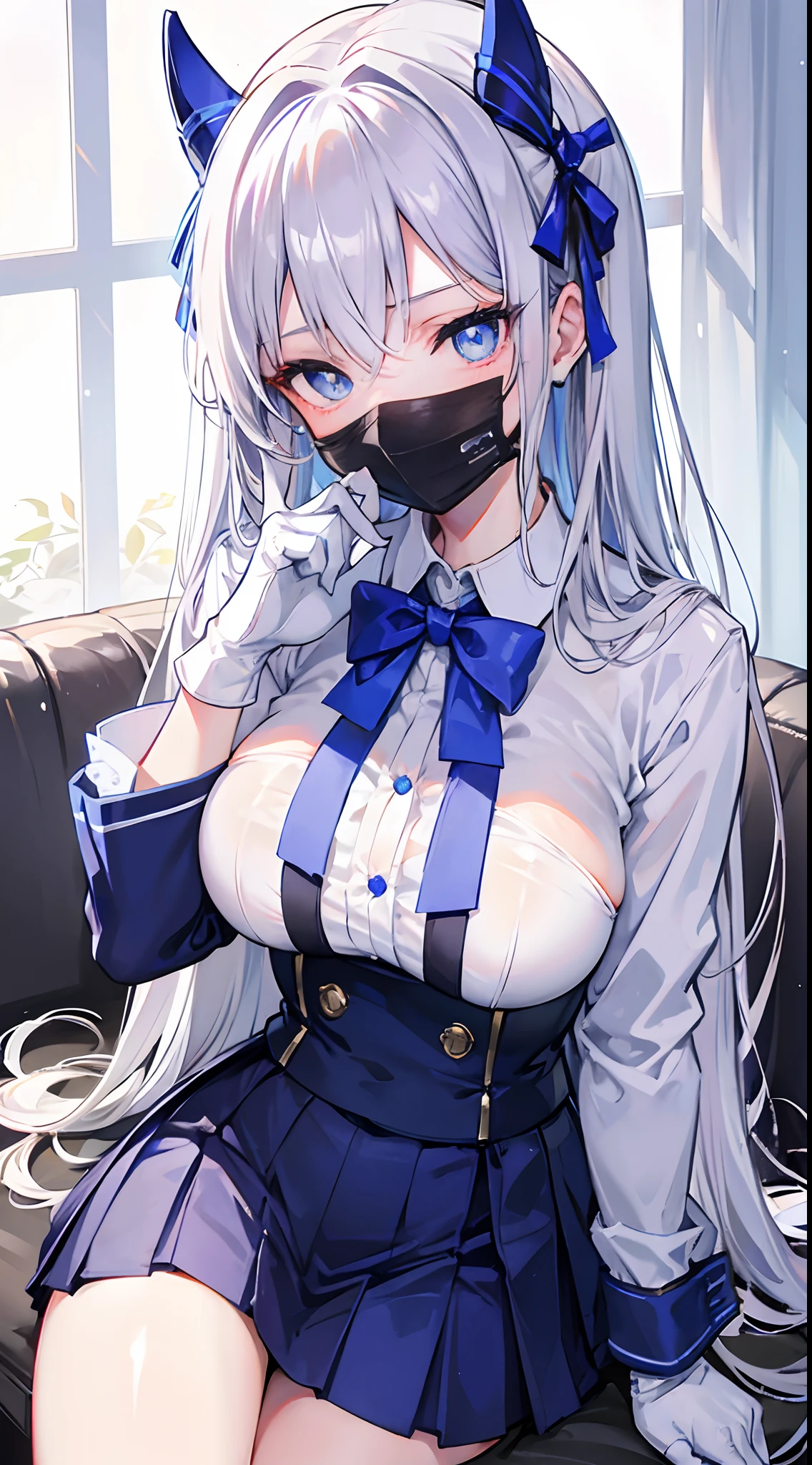 Silver hair bow tie on hair blue eyes with heart shape pupils in school uniform blushing while sitting gloves arm length mask on face medium boobs