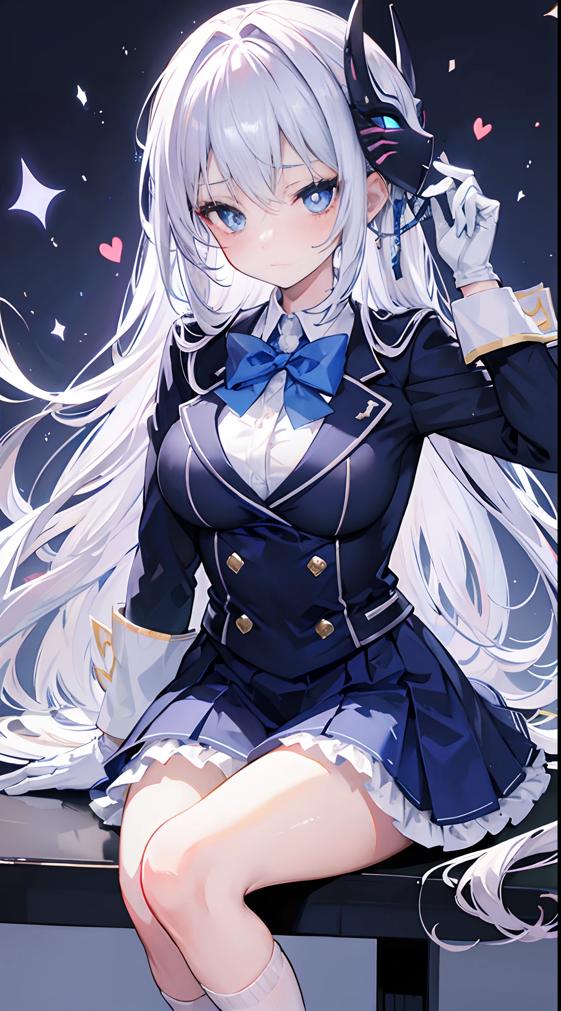 Silver hair bow tie on hair blue eyes with heart shape pupils in school uniform blushing while sitting gloves arm length mask on face medium boobs