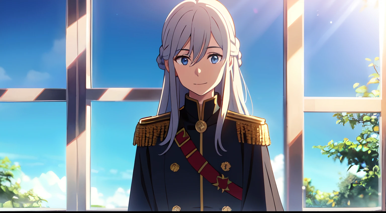 masterpiece, 1girl, young lady, Solo, long white hair, very long hair, hair between eyes, braiding, light blue eyes, epaulettes black dress, commander general, cape, indoor, home, light smile, closed mouth, close up, blowing hair, open window, blue sky, SHINKAI MAKOTO