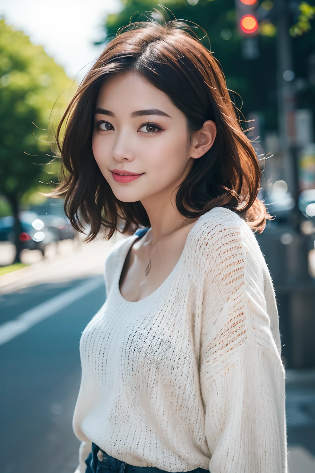 (8K,Raw photo、Raw photo、top-quality、Master masterpiece:1.2)、ultra-detailliert、Super Resolution、(Photorealsitic:1.3)、Angle to shoot from the front、Clearly draw shades of light、high resolution RAW color photos、professional photograpy、Same skin type as humans、Female proofreading of Japan from head to waist、Blur the background、Draws faithfully to anatomy、cafes、Very detailed and beautiful、Ultra-high image quality、long、Hair swaying and sexy、Very detailed beautiful girl、(Pink Eye Shadow)、smil、Plain clothe、The upper part of the body、Park on a sunny day、Loosely curly hair、Sweaters