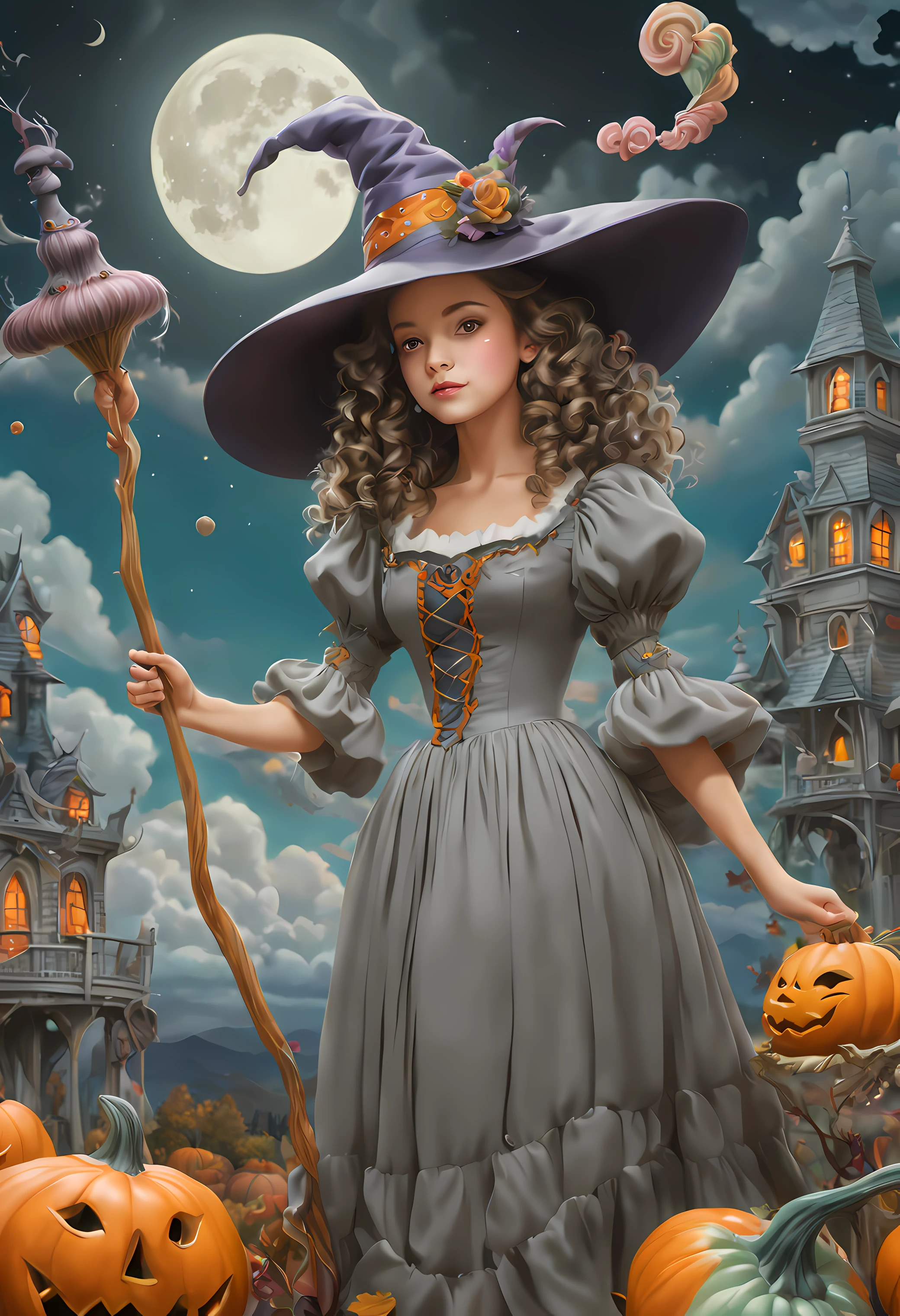 A cute wizard girl with curly brown hair and a grey dress, wearing a fashionable witch hat and holding a paintbrush, painting a fantasy scene of a haunted landscape with a dark sky, clouds, moon, and pumpkins, (by Tim Walker & Hayao Miyazaki & Lisa Frank), painting style, colorful and whimsical, featured on Pinterest, indoor scene, artistic details, high resolution.