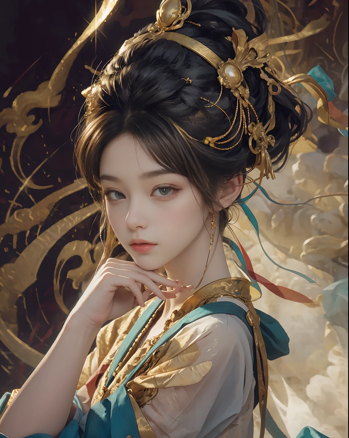 portrait of a beautiful 20 year old holy woman, wearing a thin multicolored silk dress, beautiful face without blemishes, ((natural smile:0.3)), Mouth closed, ((7-color hair length:1.2)), big crown, hair brooch, hanfu dress, chinese ancient style, full body jewelry, forehead tattoo, super even chest, face, red lips, delicate pink and white eyes (white and detailed) cinematic, light and dark, dramatic lighting, magical light, extremely detailed light, true color, super sharp, realistic, 8k quality, fantasy universe background, saints and magical space, the most detailed images, Exhibition photo, awarded, Eye-catching bright tone effect,