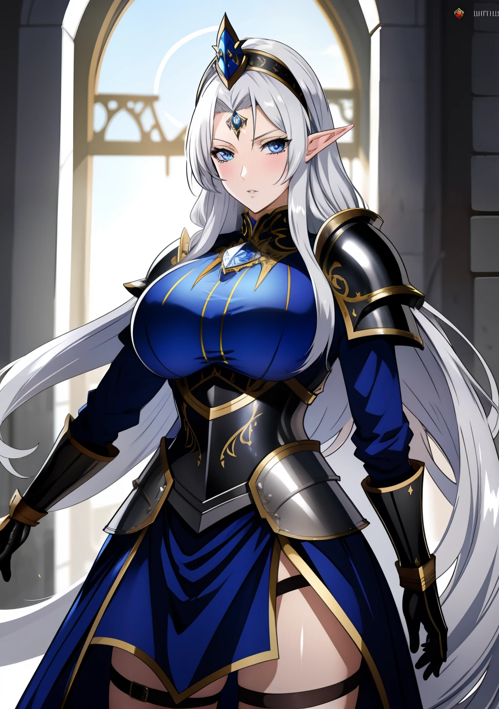 masterpiece, best quality, 1 solo girl, silver hair, blue eyes, long hair, medium breasts, sexy body and face, wavy hair, smile, parted lips, circlet, jewelry, bare shoulders, earrings, bridal gauntlets, sleeveless, black dress, bracelet, side slit, gold trim, red fur-trimmed cape, pelvic curtain, sleeveless dress, black footwear, turtleneck, long sleeves, castle, intdoors, sexy pose, cowboy shots, detailed body, face, and eyes, sharp focus, vibrant, creative, dynamic, high definition, high resolution, 8k, (Upscale: R-ESRGAN 4x+ Anime6mage enchance:4x), voluptuous body, cinema lightning, dakimakura style, looking at the viewer,