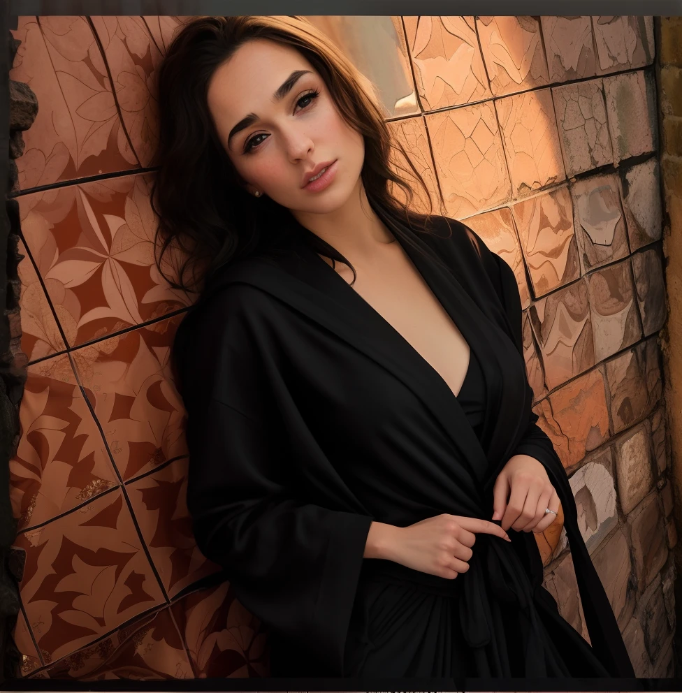 There's a woman leaning against a wall with a cell phone, linda senhora, foto da beleza Gal Gadot, in robes, wearing black silk robe, Emilia Clarke, candid photo of gal gadot, Gal Gadot, em um manto preto de chiffon em camadas, vestindo manto preto, em um manto de seda, imagem vazada, vestindo vestes de seda pretas, vestindo um manto preto