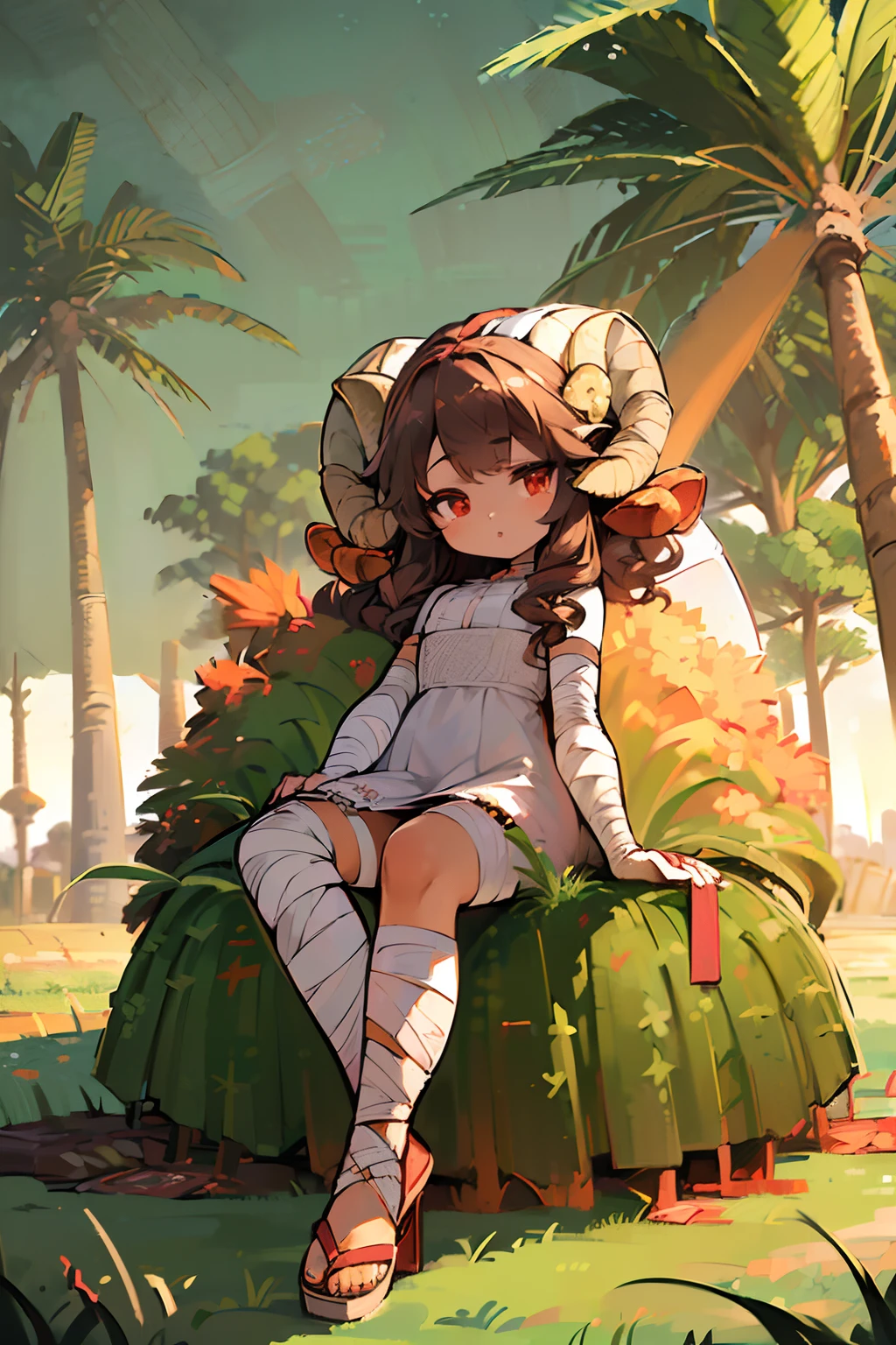 ((Full body):1.5),((9-year-old girl /with sheep's horns):1.5), bulging hips,((brown curly hair):1.2),((bandaged arms and legs):1.4)(wearing a white dress:1.4),(sandals:1.4) ((red eyes):1.3), looking at the viewer, in a ((grass tree field in the background):1.5),4k,