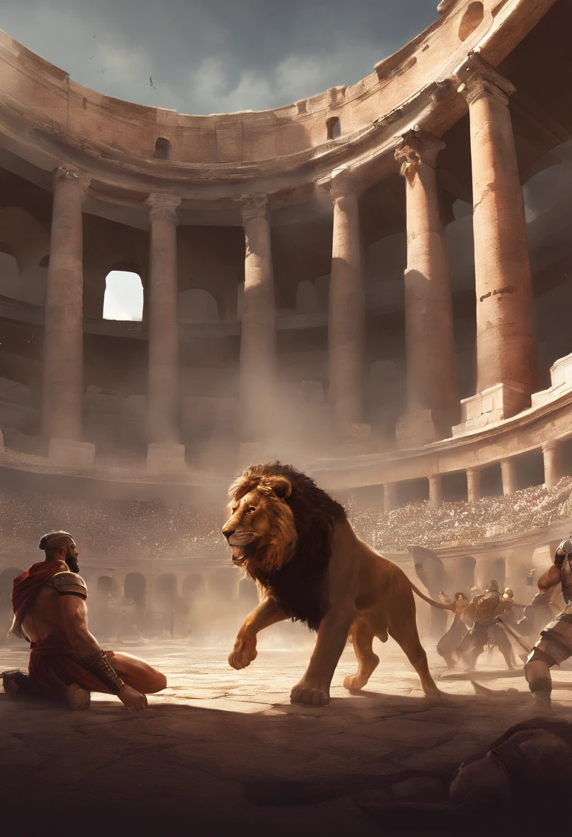 Roman slave fighting a lion in the colosseum