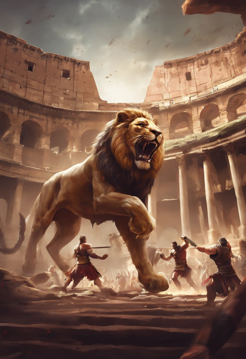 Roman slave fighting a lion in the colosseum