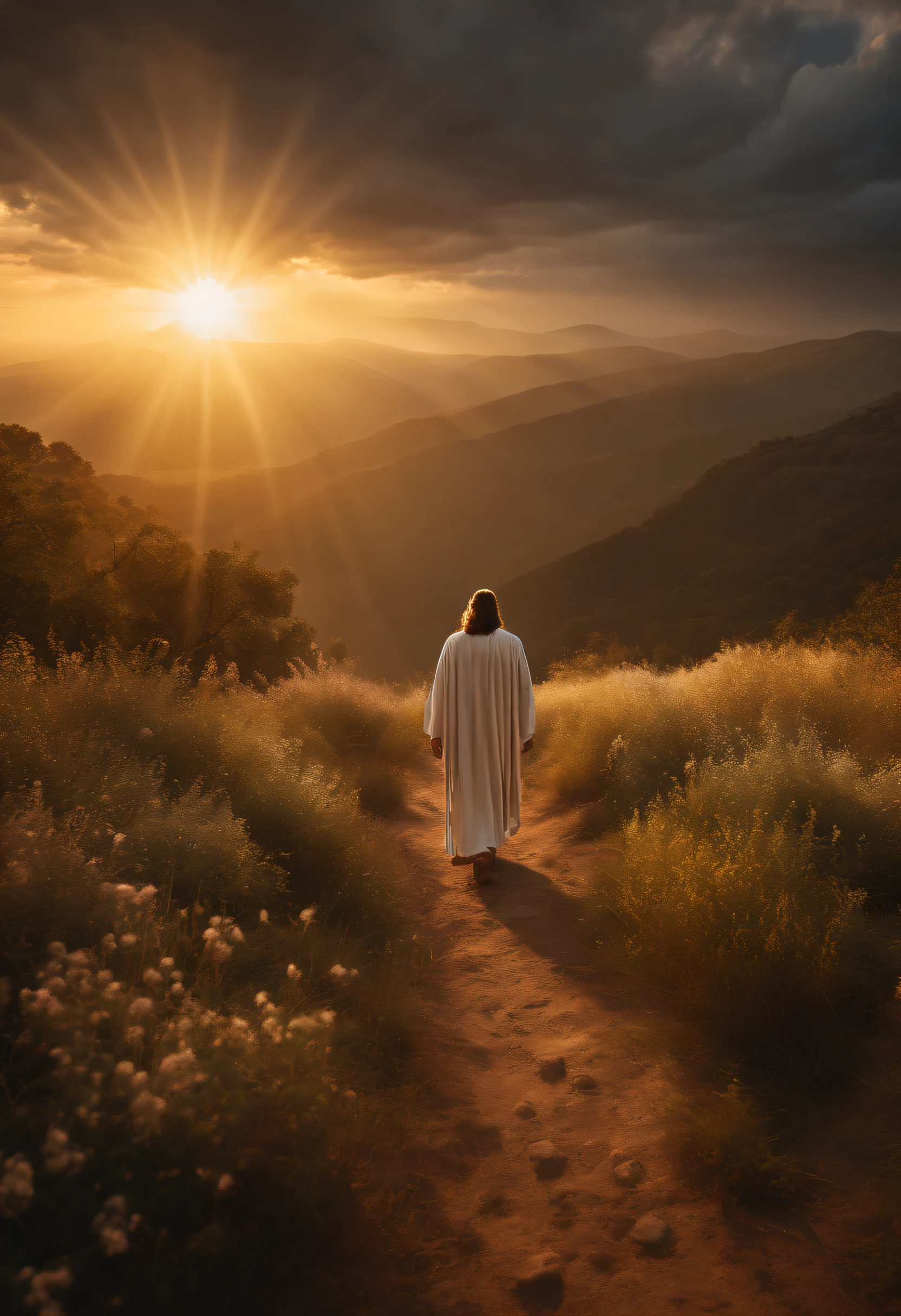 jesus, glorious, splendid, dwelling in the land, promised land, new canaan, jesus walking with the righteous, surface world, rays of light, surface scattering, impeccable world, realistic, cinematic, 8k