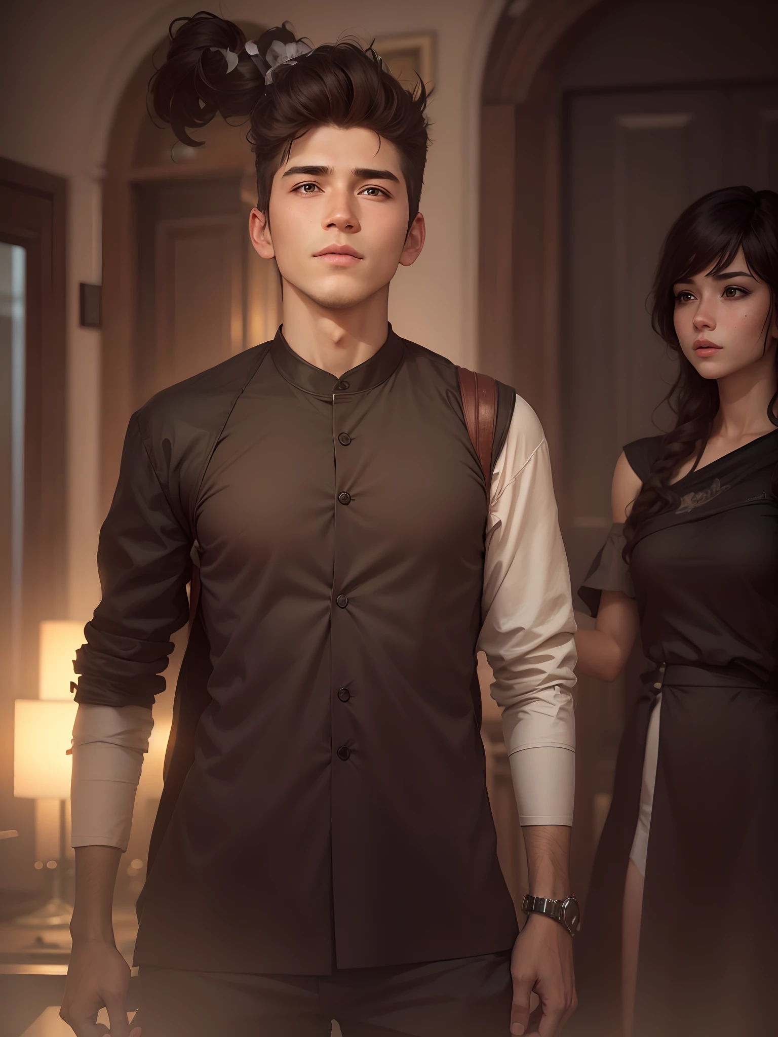 Boy with sexy girl head on her shoulder ultra realistic face romantic