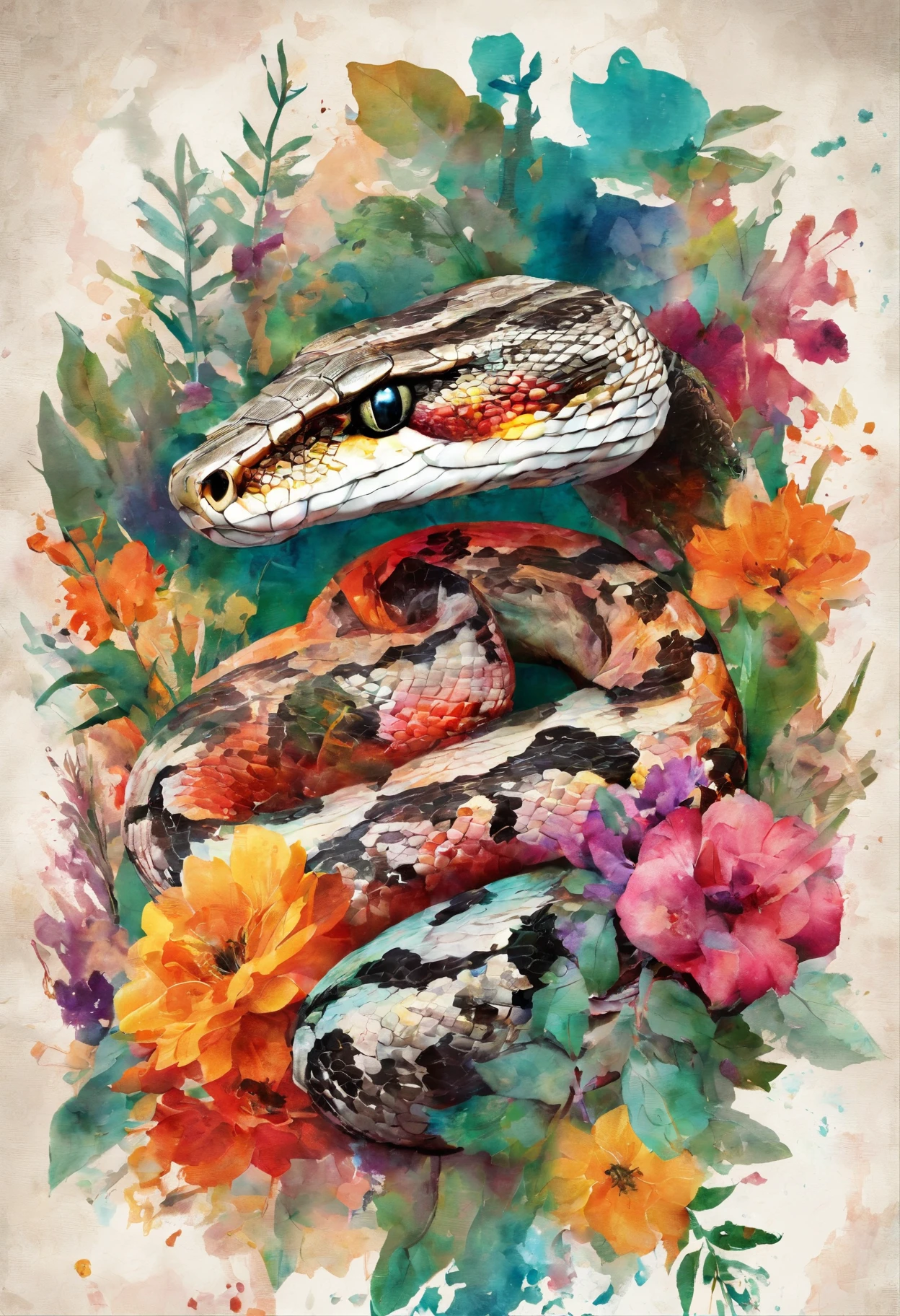 Snake head in the watercolor style of David Paul Seymour with flowers and vibrant hues.
