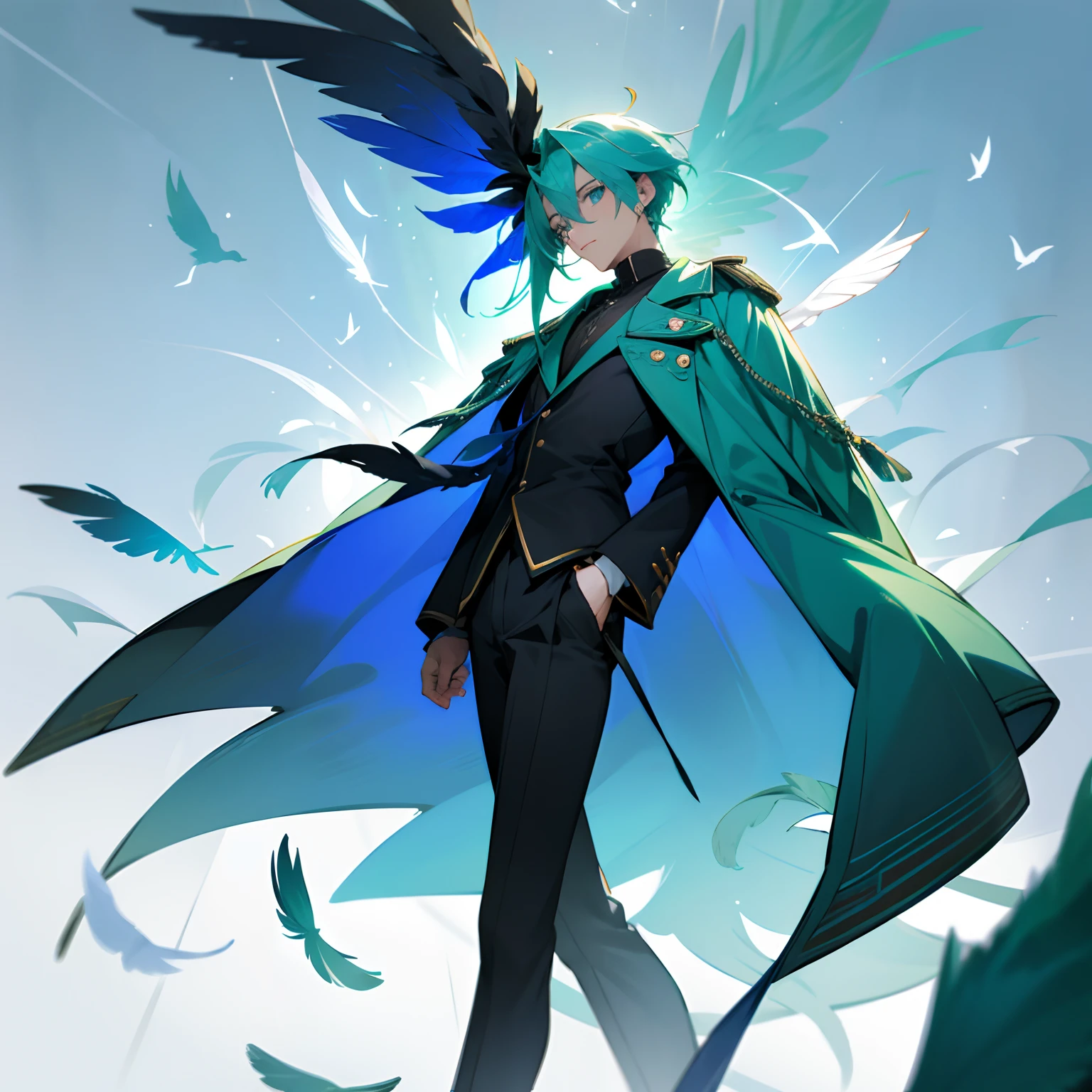 Male, Coat made out of blue color feathers, Green Hair, Bird Tail made out of feathers, Blue Eyes, 5'10 Height