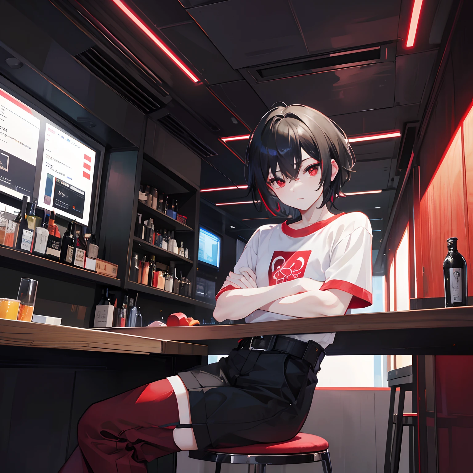 bestquality: 1.0), (ultra-high resolution: 1.0), anime boy, Short black hair, Red Eyes, Sitting in front of the music player, Background in bar room --auto