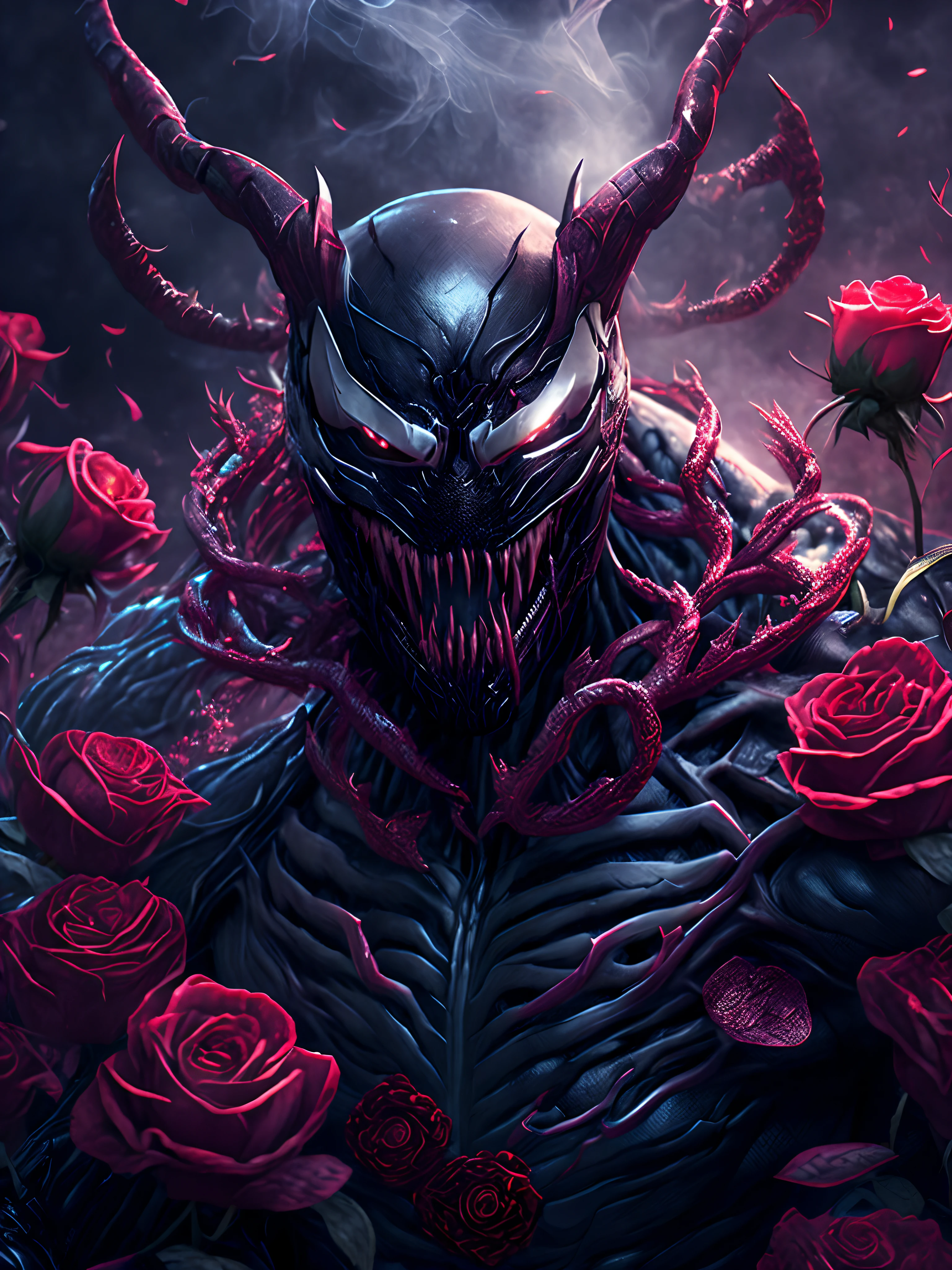 Close-up ( Venom from Marvel in Marvel style: 1.3) emerging from the beautiful roses field, extremely detailed, smoke, sparks, flower shavings, flying debris, volumetric light