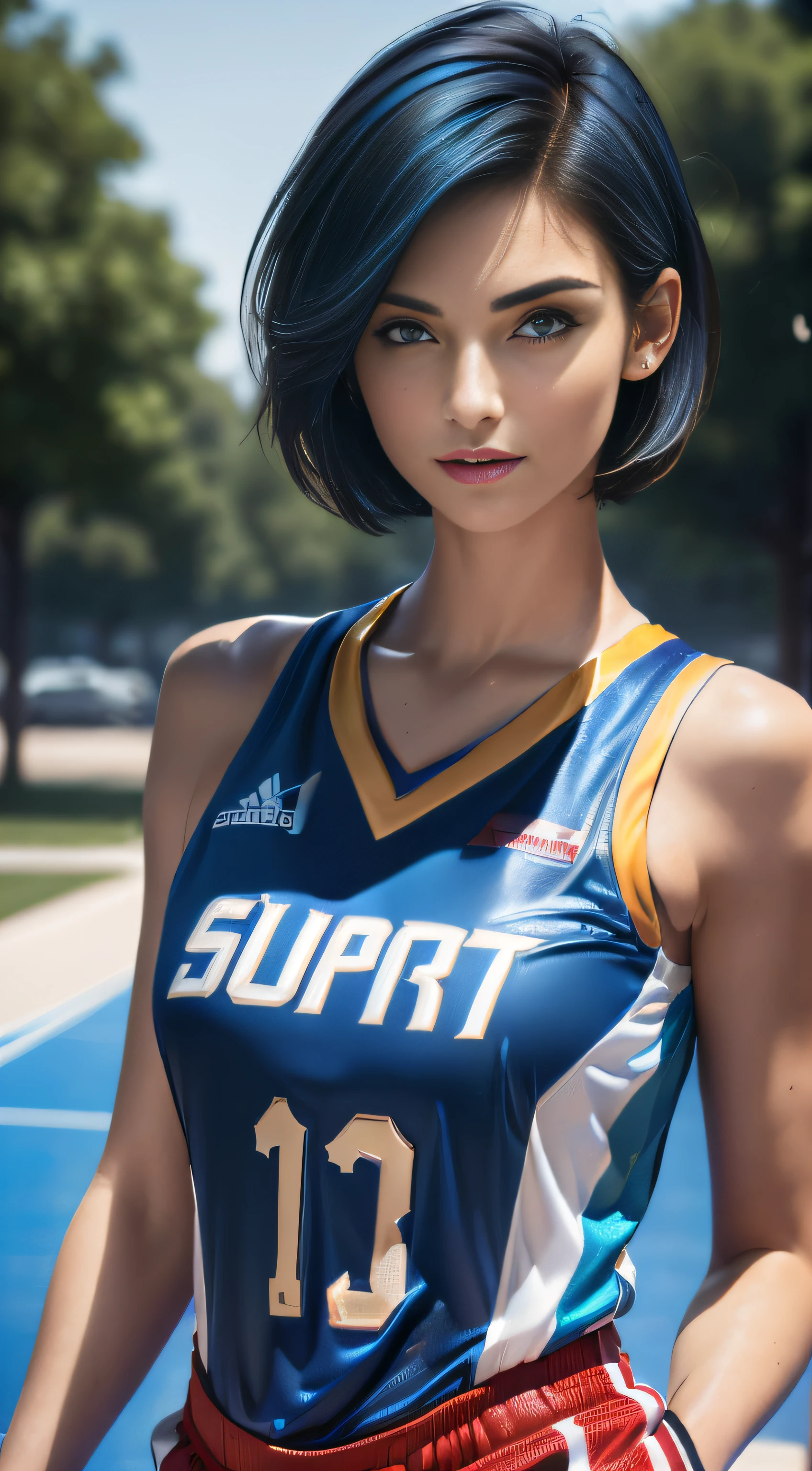 (Masterpiece, best quality, photorealistic, highres, photography, :1.3), close-up shot, sharp focus, (1 girl, girl, hot model), realistic skin, (slim body shape), side swept short ((hair with blue color)), extremely detailed hair, delicate face, shiny lips, ((wearing basketball jersey)), outdoor, ((realistic, super realistic, realism, realistic detail))