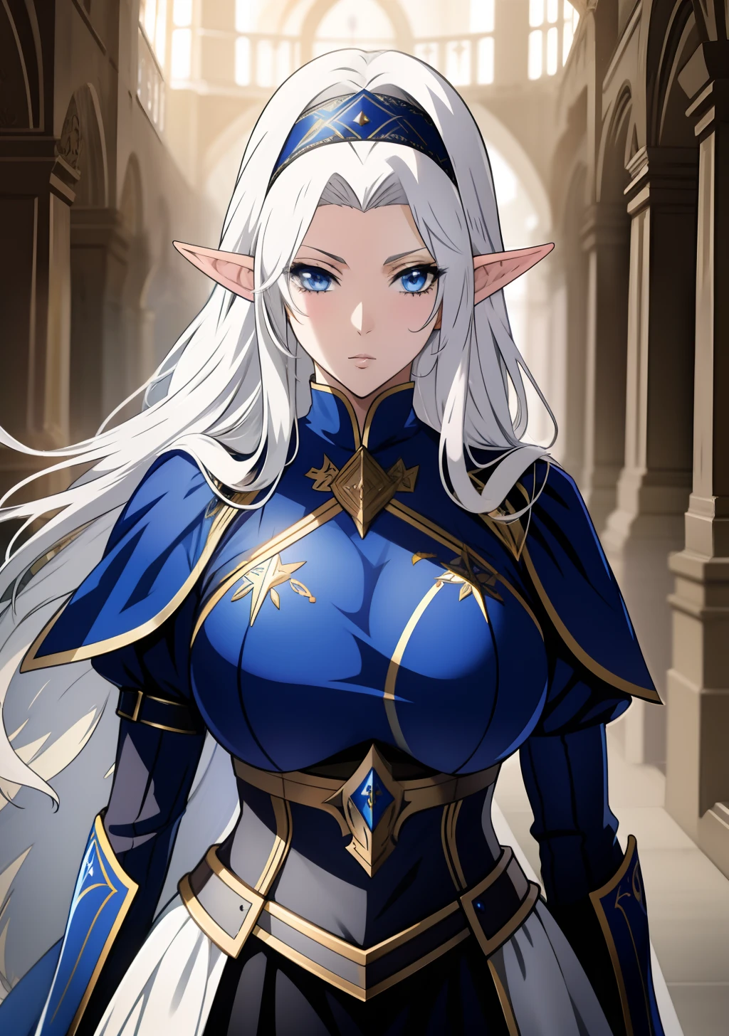 Blue gold Knight armor, knight helmet, skirt, huge tits, head band, busty, silver hair, elf ears, cool face, beauty mark under eyes, blue eyes, long hair, intrincate details, detailed, masterpiece, best quality, 4K, HDR, royal hall, gothic building, upperbody,