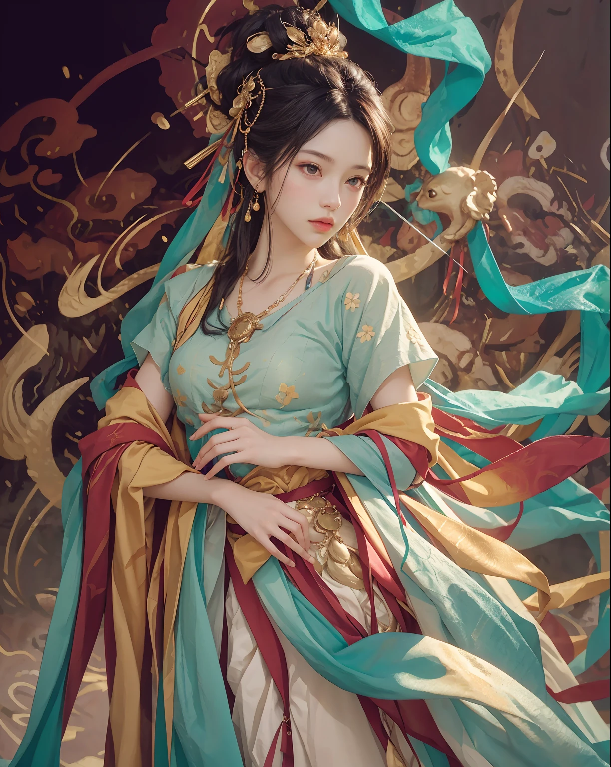 A woman in a blue and red dress with a gold headpiece - SeaArt AI