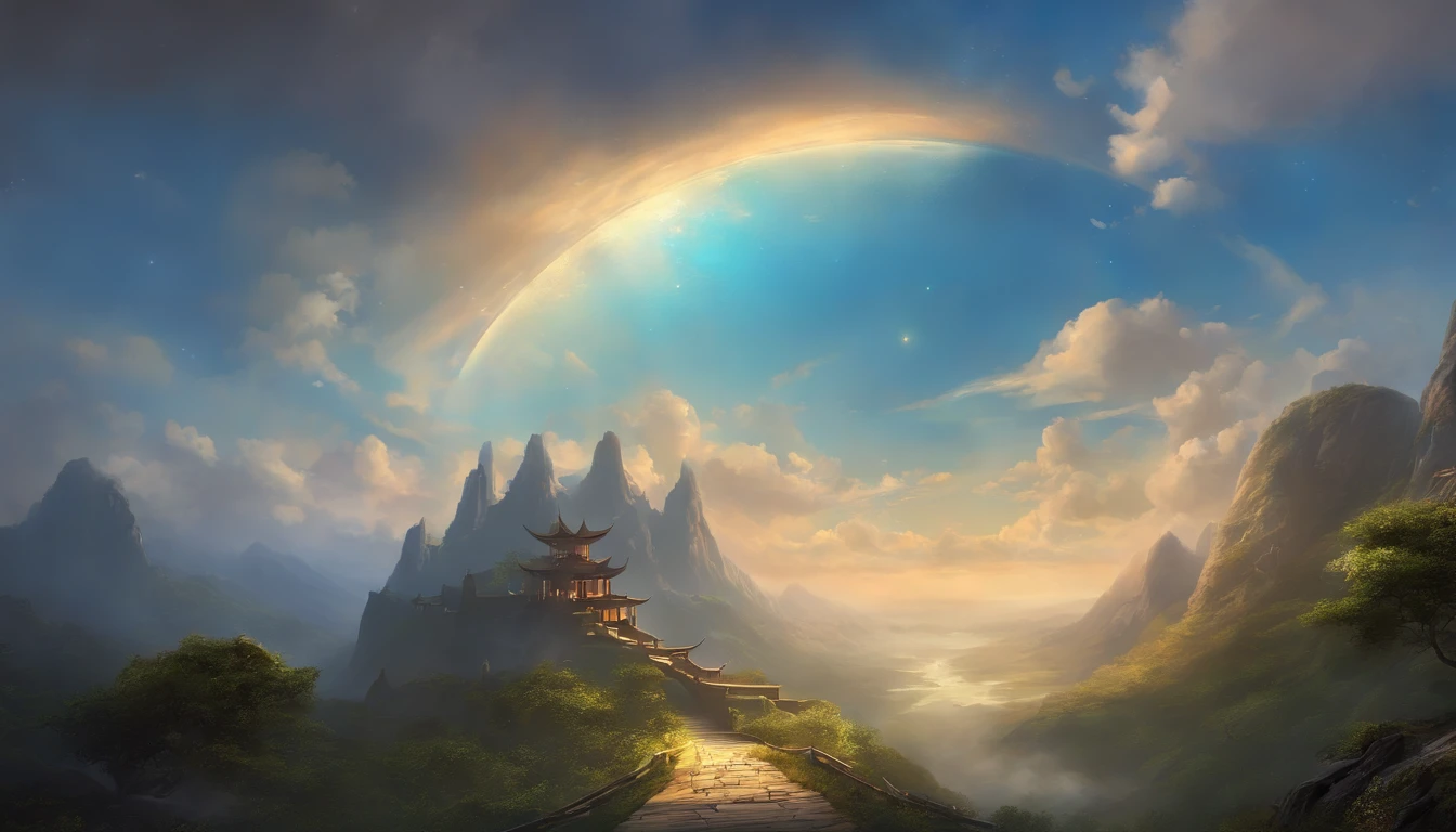 Best Quality, masterpiece, skyporn, stele, 云, (Laughing sky:1.5), Message from the sky, Laughing sky, beautiful concept art, optic, Fantasyart, luminous sky