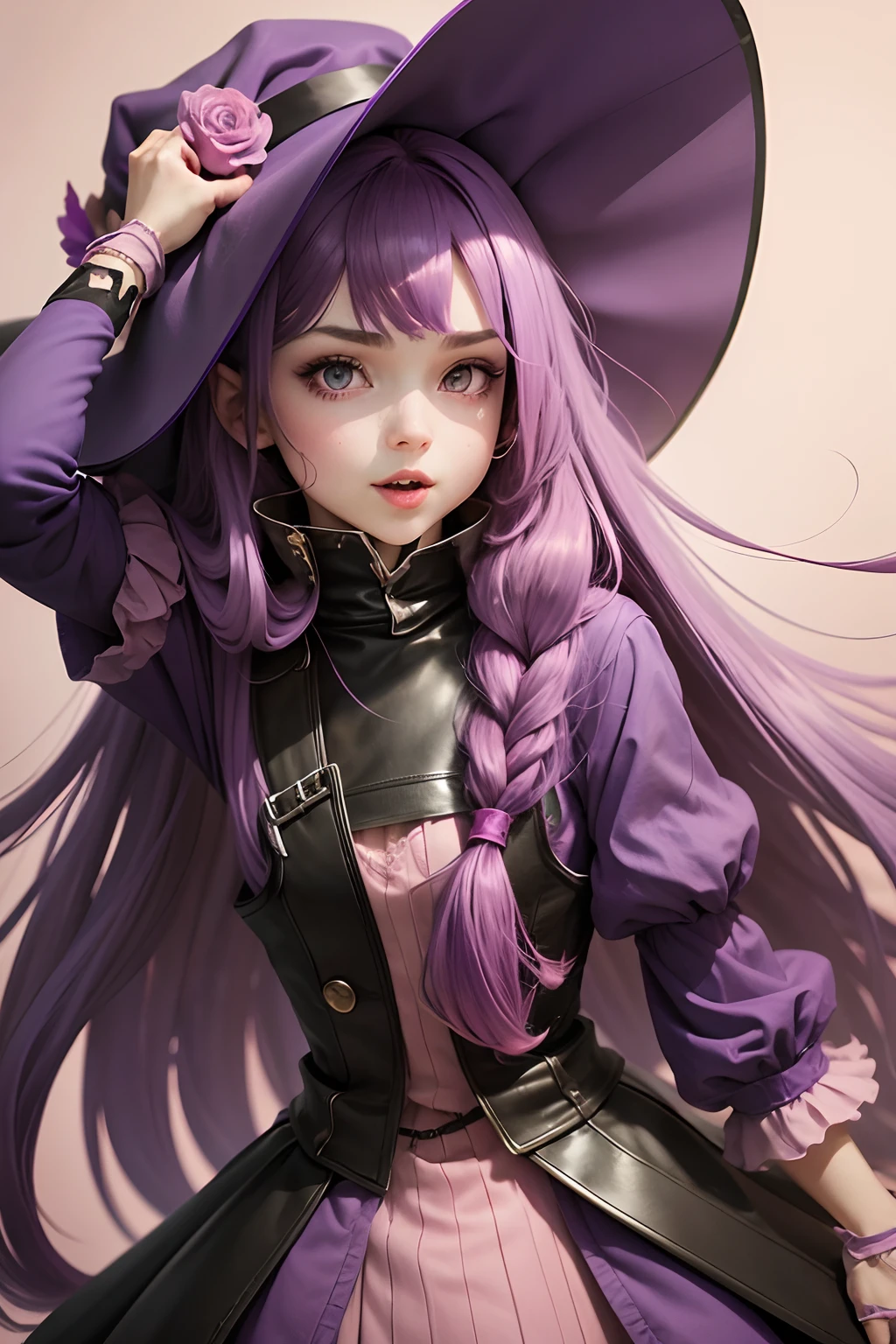 Girl with long purple hair , pink dress, pink gloves, purple eyes, tongue sticking out