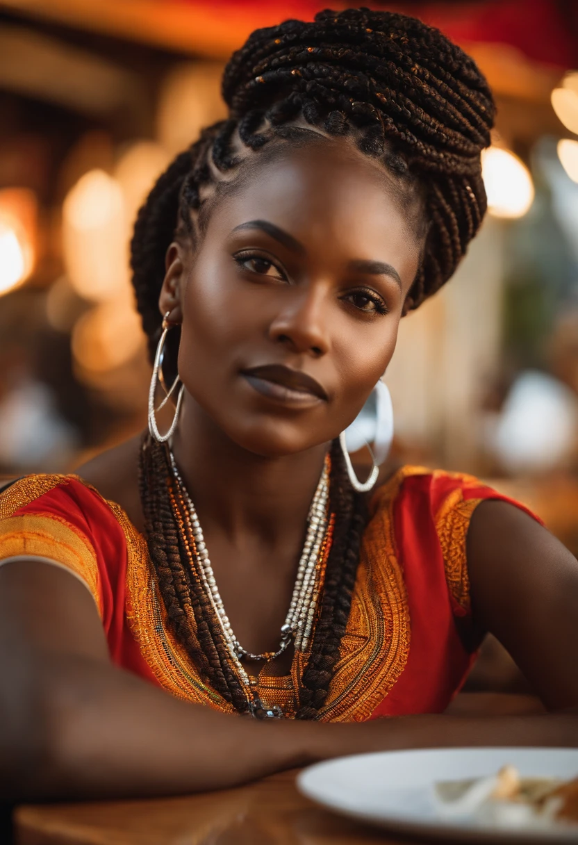 Femme blanche au visage claire et des beau yeux , avec cheveux des cornrows africaine, porter des jean- t-shirt, dans un restaurant africaine
