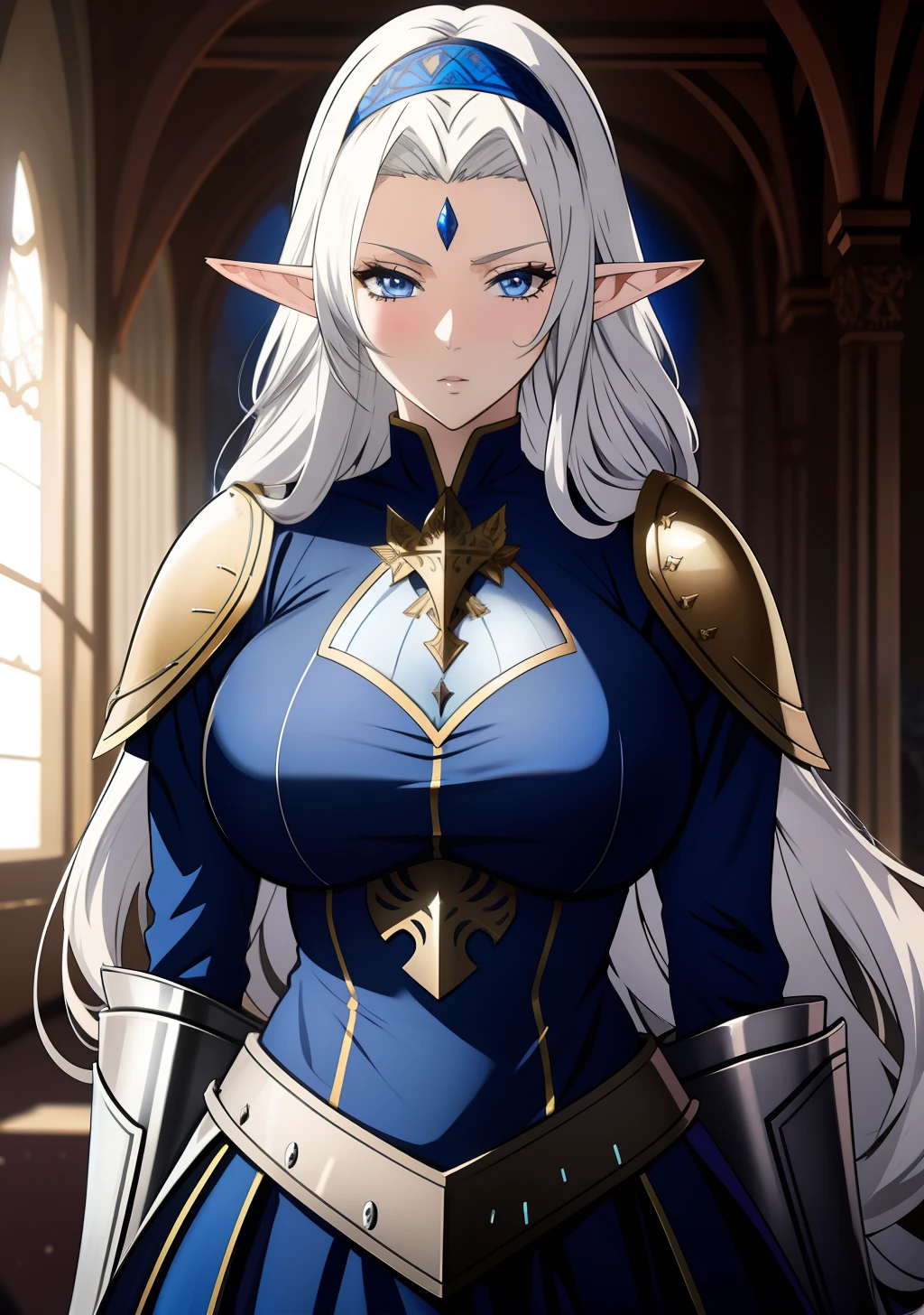 Blue gold Knight armor, knight helmet, skirt, huge tits, head band, busty, silver hair, elf ears, cool face, beauty mark under eyes, blue eyes, long hair, intrincate details, detailed, masterpiece, best quality, 4K, HDR, royal hall, gothic building, upperbody,