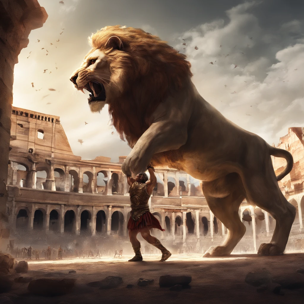 Roman slave fighting a lion in the colosseum