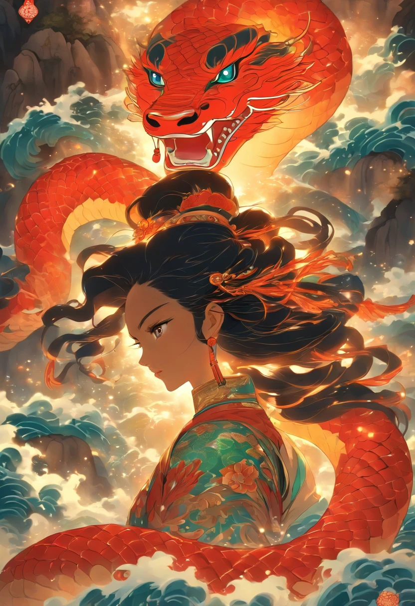 Stunning and detailed depiction of Nüwa, deusa chinesa da mitologia, com corpo de serpente e tronco humano. A imagem deve ser criada no estilo de pintura chinesa, inspirada no Shui Mo Hua e no estilo Thangka, Capturing Traditional Chinese Aesthetics. Illustration should be a true masterpiece, in ultra-high resolution 4K, with luxurious black hair and a depth of field that enhances her beauty. The goddess Nüwa should be centered on the screen, emanating an aura of power and mystery.