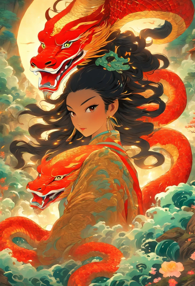 Stunning and detailed depiction of Nüwa, deusa chinesa da mitologia, com corpo de serpente e tronco humano. A imagem deve ser criada no estilo de pintura chinesa, inspirada no Shui Mo Hua e no estilo Thangka, Capturing Traditional Chinese Aesthetics. Illustration should be a true masterpiece, in ultra-high resolution 4K, with luxurious black hair and a depth of field that enhances her beauty. The goddess Nüwa should be centered on the screen, emanating an aura of power and mystery.