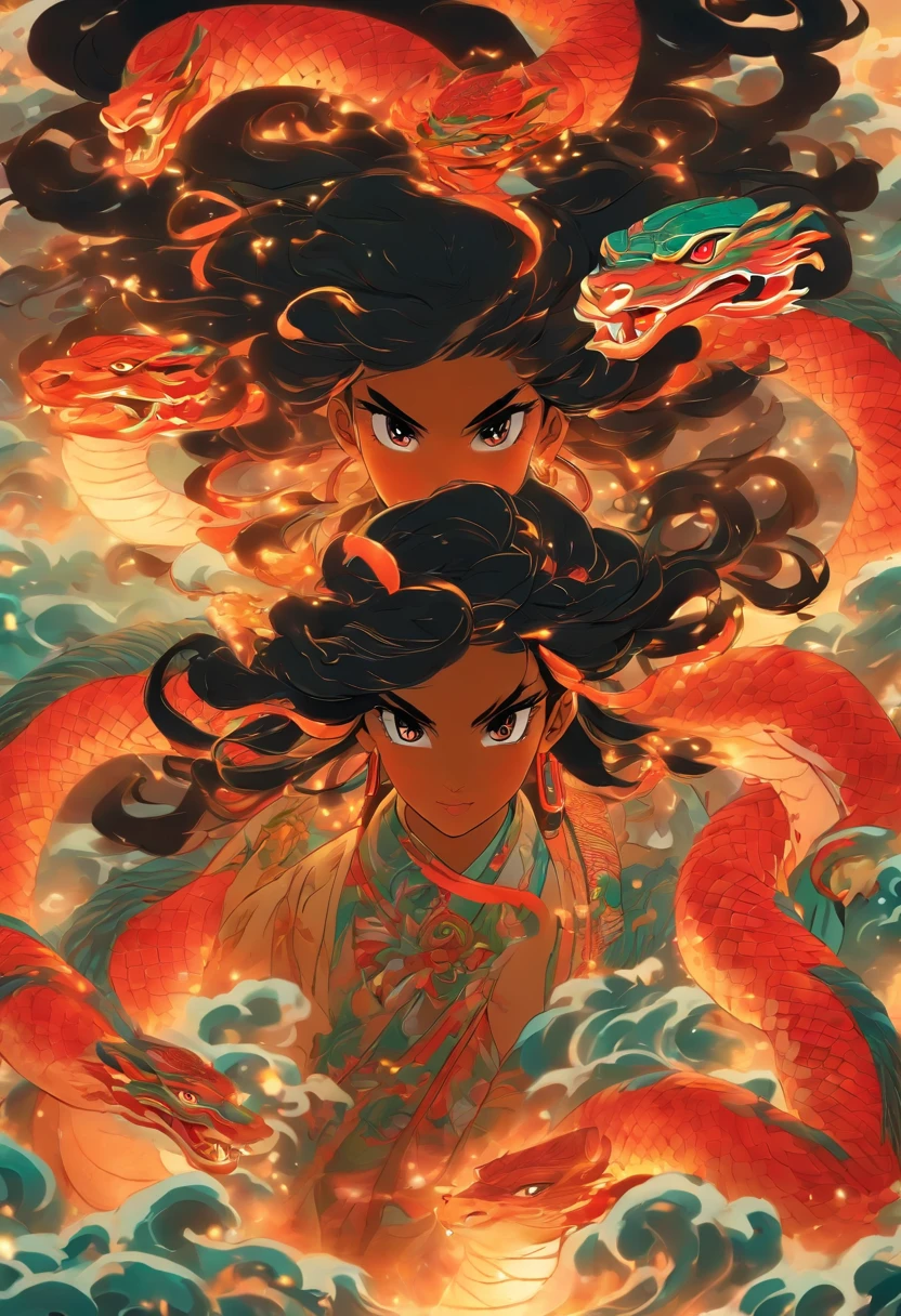 Stunning and detailed depiction of Nüwa, deusa chinesa da mitologia, com corpo de serpente e tronco humano. A imagem deve ser criada no estilo de pintura chinesa, inspirada no Shui Mo Hua e no estilo Thangka, Capturing Traditional Chinese Aesthetics. Illustration should be a true masterpiece, in ultra-high resolution 4K, with luxurious black hair and a depth of field that enhances her beauty. The goddess Nüwa should be centered on the screen, emanating an aura of power and mystery.
