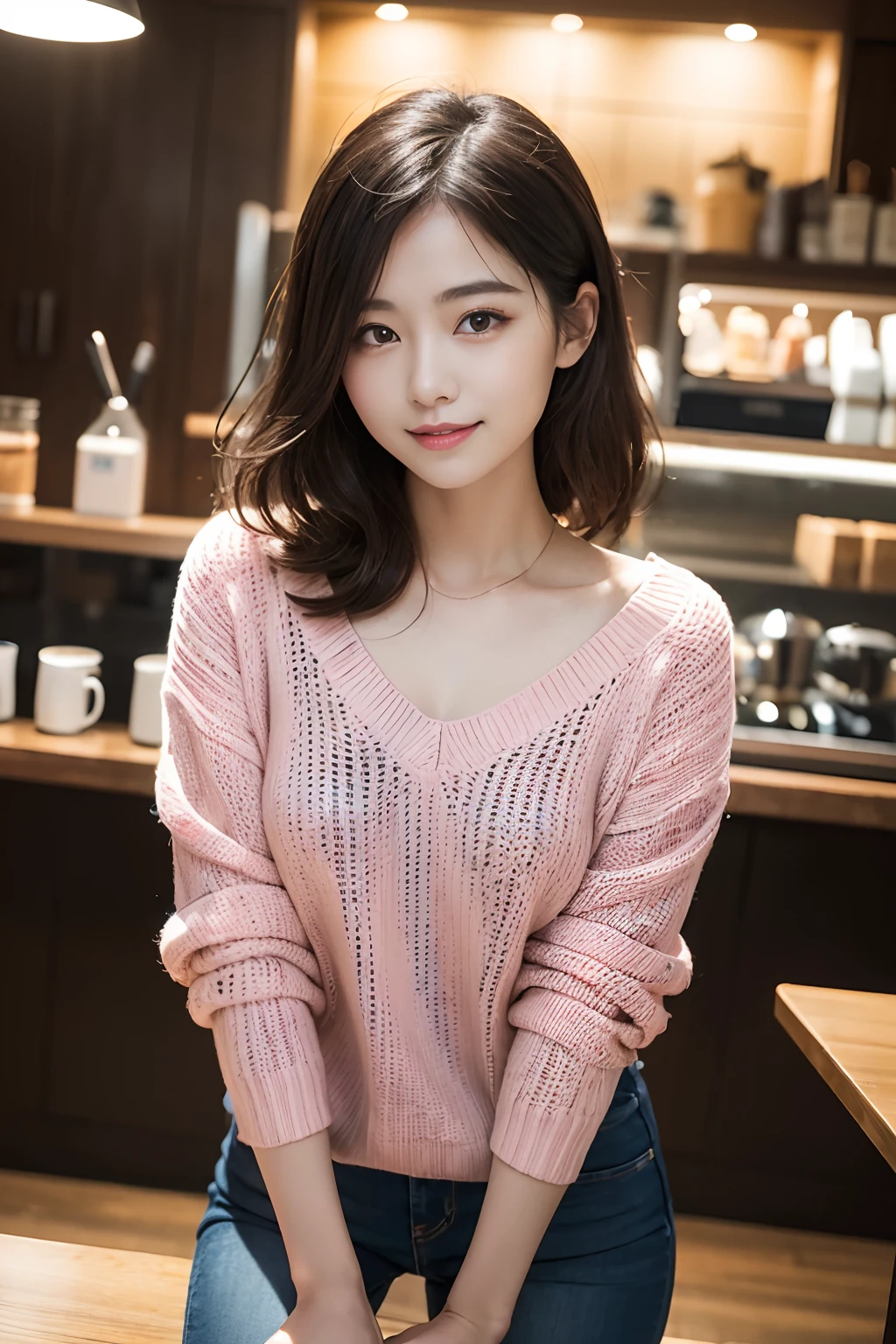 (A stylish sweater in a very elegant spring-like pink color.:1.3) (beautiful fashion model:1.3) ((非常に美しいportrait)) (Very beautiful straight bob hair that is neatly organized down to the tips of the hair:1.3) japanese woman 22 years ago Stylish and trendy sweater in spring colors super highest quality, face focus, soft light, ultra high resolution, (realistic:1.4), Raw photo, Precise and beautiful thin eyebrows beautiful breasts waist shot slender body shape ((Highly detailed and high quality eyes:1.3))
1 Japanese girl, alone, cute, (detailed beautiful face:1.3) ((High resolution details of human skin texture:1.3)
indoor, (Old Coffee Shop:1.3) beautiful breasts (Beautiful straight bob hair all the way to the ends:1.3) Elegant and clean Intelligent and stylish
(portrait) Focus on the eyes in high resolution diffused light from window 非常にbeautiful gradation gentle smile beautiful gradation