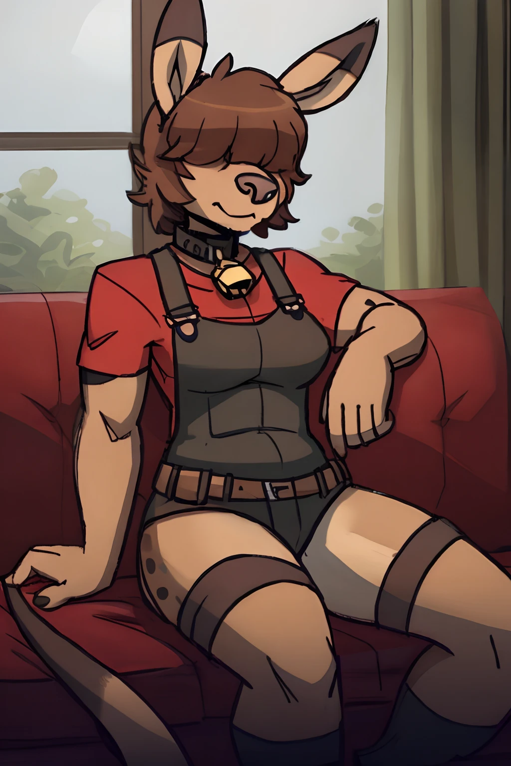 portrait of a (((androgyne))), perfect lighting, furry, anthro, furry art, ((portrait)), Female kangaroo, kangaroo, (two-toned fur), yellow fur, white fur on bell, hyena spots, hyena spots on ears, hyena spots on legs, hyena spots on kangaroo tail, brown mottled upper legs, white breast, brown mottled elbows, brown spots on elbows,armpit hair, armpit brown hair, brown spots on upper legs, brown markings on hips, brown markings on elbows, brown markings on upper legs, furry body, fur on body, brown legs from foot to knee, body fur, animal nose, kangaroo nose, yellow muzzle, kangaroo ears, kangaroo pouch on belly, detaled face, detaled snout, andromorph, fit body, long legs, perfect masculine body, tomboy, slitly muscilar, detailed fur, hairy belly, detailed face, masculine face, Tall, long dark brown hair, messy hair, hair over face, long purple bangs over eyes, two colored hair, purple bangs, no visible eyes, hair over eyes, purple bangs covering eyes, brown curly hair, brown mullet, tied hair on back, Wide hips, big legs, C cup breasts, kangaroo tail, black ended tail, brown end of tail, black tips of ears, detail kangaroo tail, kangaroo like tail, long tail, muscular tail, little fluff on tail, dog collar, cow bell on collar, cow bell, one tail, androgyne, little fat on belly, no eyes, purple bangs, long bangs, long bangs covering eyes, long purple bangs over eyes, wear olive green cargo overalls bomber jacket and t-shirt, overalls, collared t-shirt, green red t-shirt, no nudity, green red colored cloth, two colored cloth, tool belt, belt, t-shirt, sitting, sofa