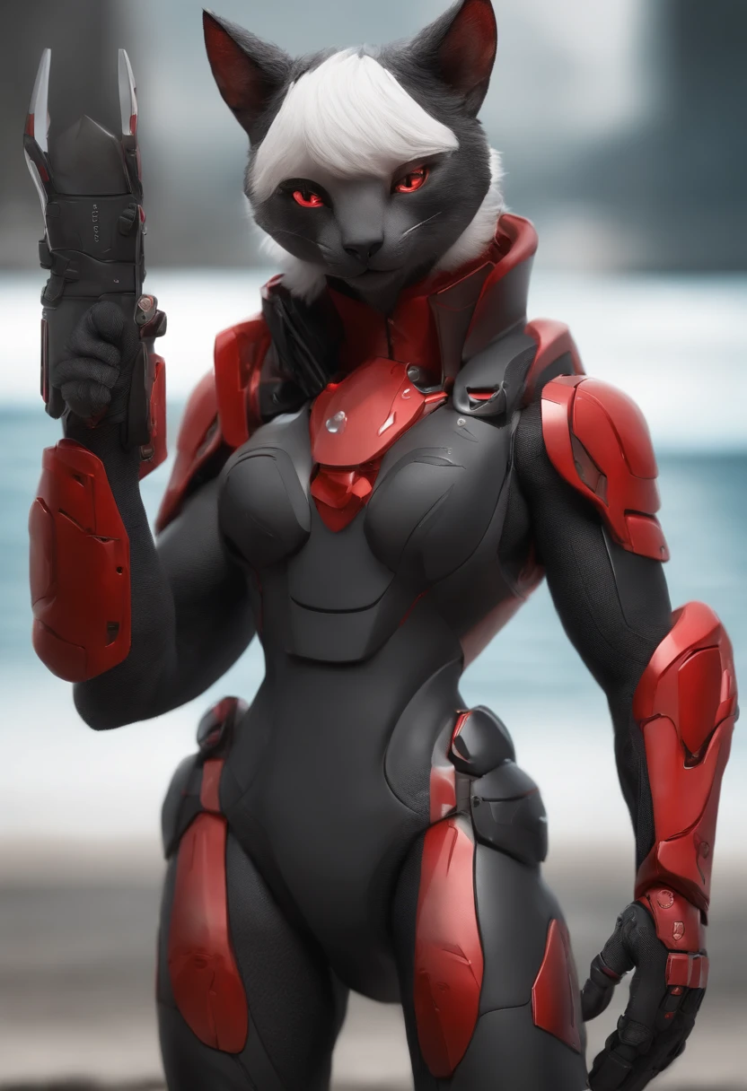 poses, black body, (detailed face and eyes:1.0), scales, detailed scales, manly, femboy, standing, forwards facing and backwards fasing, two different camera angles, frontside, backside, fluff, chest fluff, 4 toes, claws, cyborg tail, thinking, 2 feet, 2 arms, cute, red visor, red leds, 4 toes, 4 fingers, text in background, numbers in background