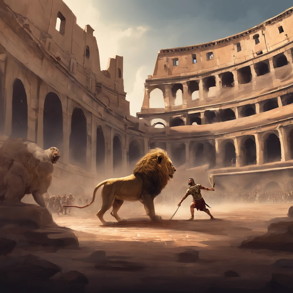 Roman slave fighting a lion in the colosseum