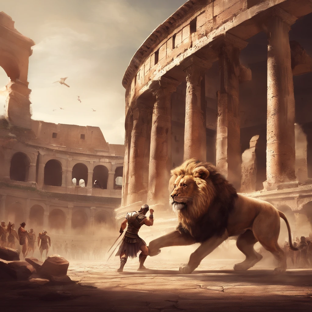 Roman slave fighting a lion in the colosseum