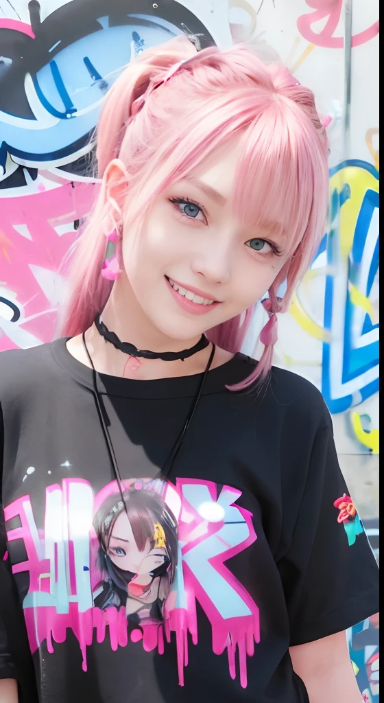 (ultra-detailliert), Black Psychedelic Shirt、Blue eyes,The upper part of the body、a closeup、18year old、faces、(A smile:1.5),(facing front:1.2),(masutepiece:1.3, Best Quality, Photorealistic, Ultra-detailed, Finely detailed, High resolution, 8K Wallpaper), 1 beautiful girl,  Beautiful face, Detailed face, Beautiful eyes, Detailed eyes, Looks fun、Smiling, earrings, Necklace, Only 1 person,Pink Hair Medium Hair, (Pink hair), Ear Hair, small tits, Single braid, (Single braid), (Side braid),on a stage, Spotlight, small tits、Denim shorts, Choker, (Graffiti:1.5), Paint Splatter, arms behind back, Against Wall, Looking at Viewer, arm band, Thigh strap, paint on body,