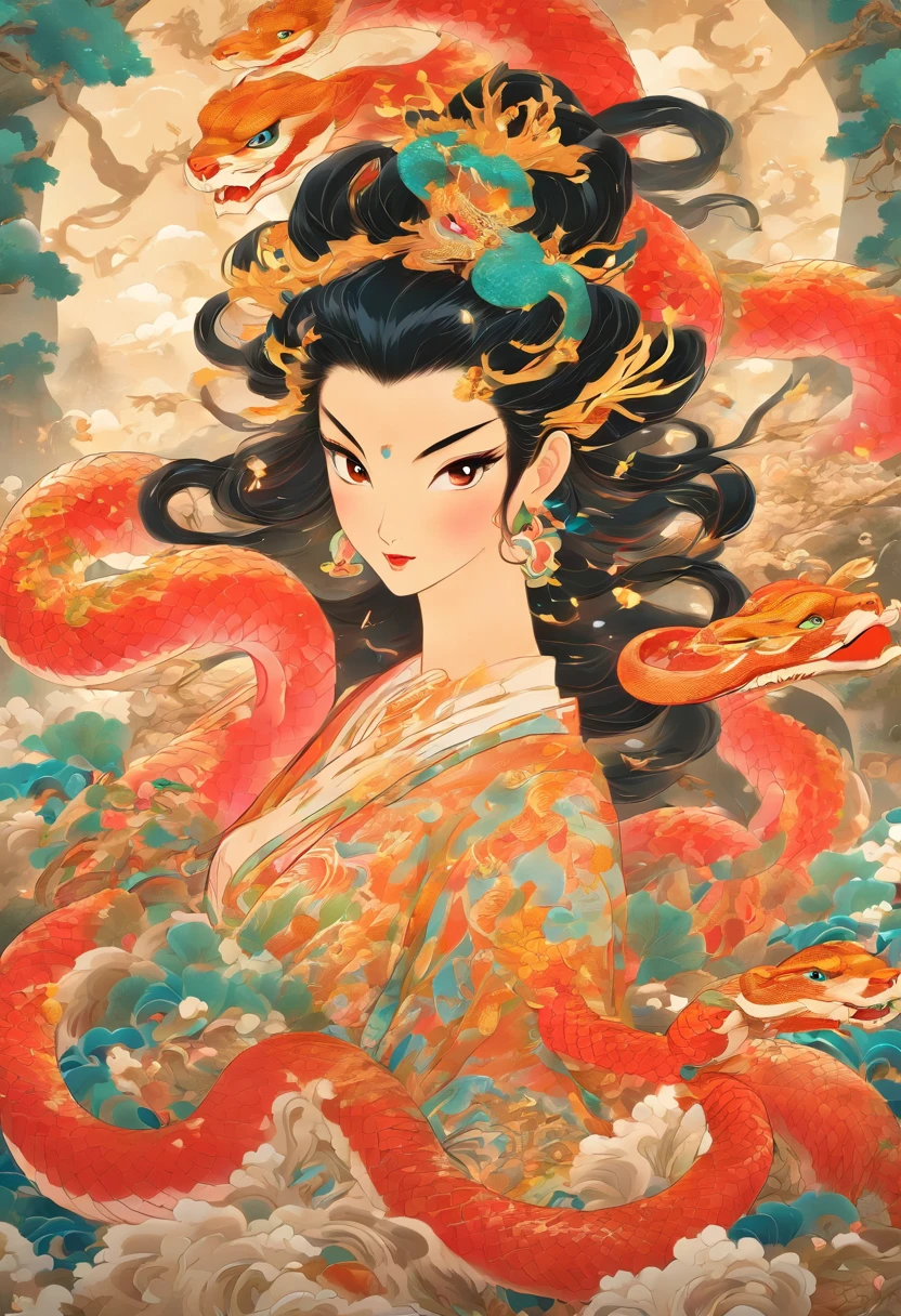 Impressive and detailed representation of Nüwa, Chinese goddess of mythology, with a snake's body and human torso. The image must be created in Chinese painting style, inspired by Shui Mo Hua and Thangka style, capturing traditional Chinese aesthetics. The illustration must be a true master piece, in ultra-high resolution 4K, with luxurious black hair and a depth of field that enhances its beauty. The goddess Nüwa must be centered on the screen, emanating an aura of power and mystery.