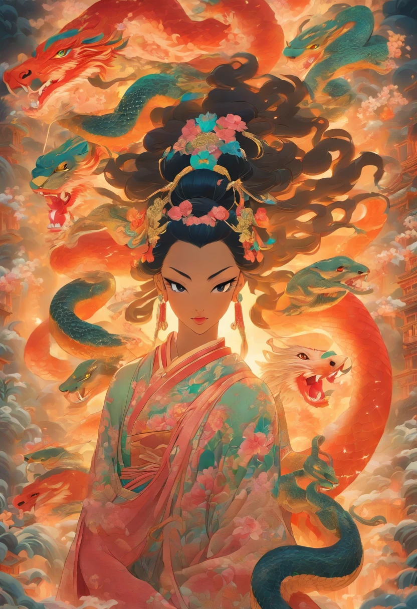 Impressive and detailed representation of Nüwa, Chinese goddess of mythology, with a snake's body and human torso. The image must be created in Chinese painting style, inspired by Shui Mo Hua and Thangka style, capturing traditional Chinese aesthetics. The illustration must be a true master piece, in ultra-high resolution 4K, with luxurious black hair and a depth of field that enhances its beauty. The goddess Nüwa must be centered on the screen, emanating an aura of power and mystery.