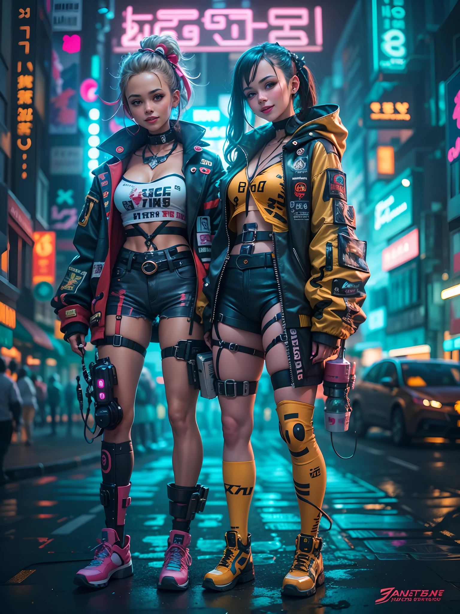 masterpiece, best quality, 2 ((smiling)) cyberpunk girls standing together, Harajuku-inspired cyberpunk body harness, bold colors and patterns, eye-catching accessories, trendy and innovative hairstyle, dazzling Cyberpunk cityscape, skyscrapers, glowing neon signs, LED lights, anime illustration, detailed skin texture, detailed cloth texture, beautiful detailed face, intricate details, ultra detailed, cinematic lighting, strong contrast.