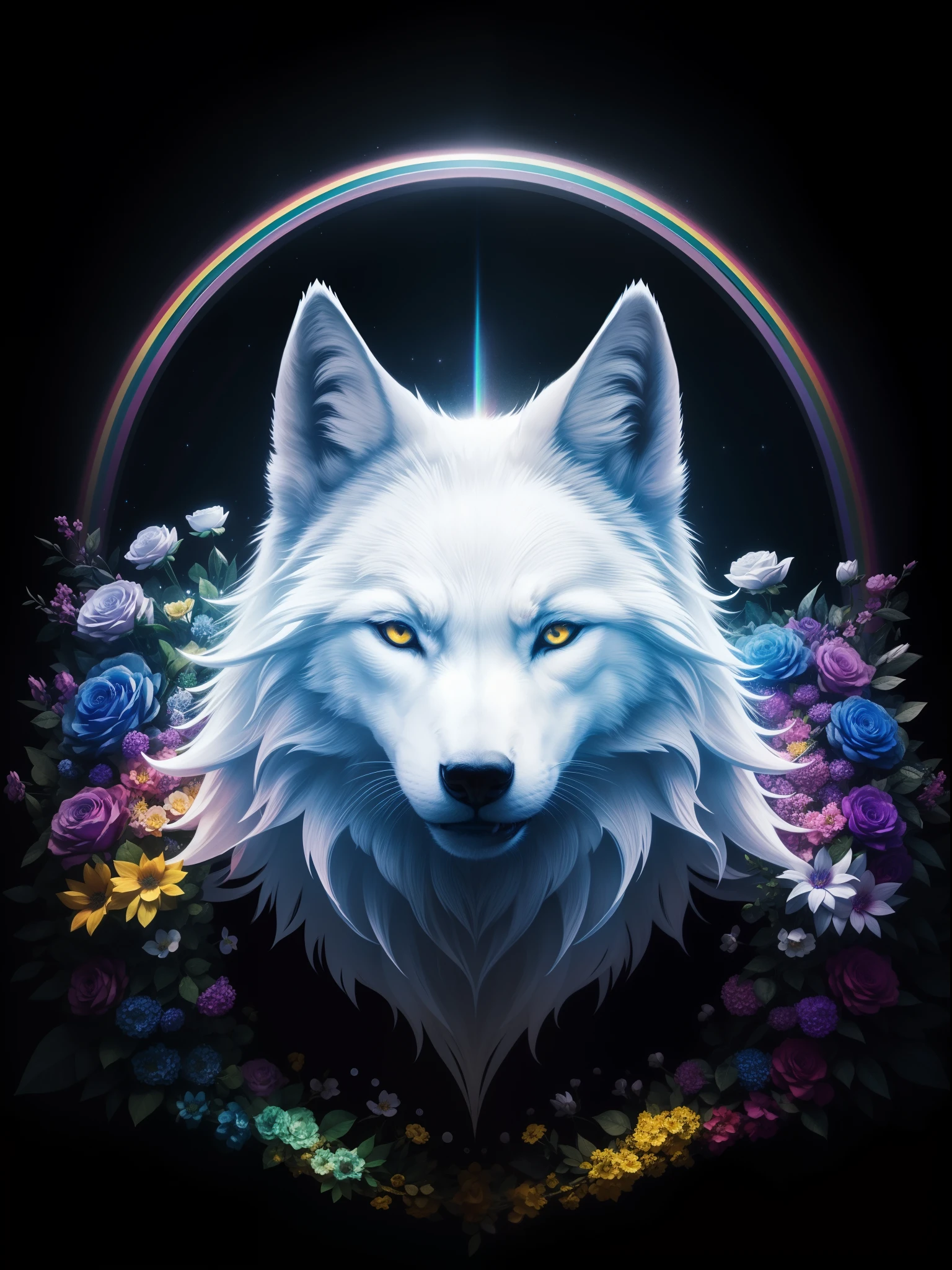 White wolf head painting on black background,A wide rainbow surrounds the wolf's head，Form different structures， breath-taking rendering, Magical rainbow elements,Splendid round rainbow combination，circular composition，Solo,Plant affinity，Flowers are blooming,A starry sky with a sense of mystery