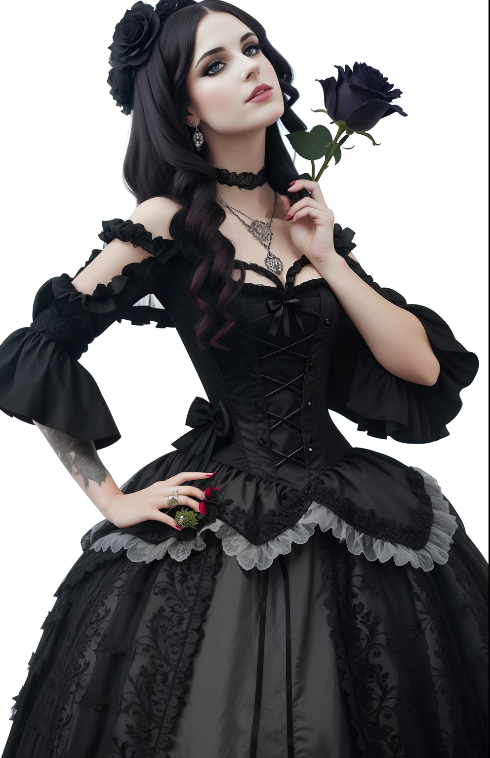 There's a woman in a black dress holding a rose, an elegant gothic princess, victorian gothic, victorian gothic lolita fashion, gothic princess portrait, vampiro vitoriano elegante, black rococo, render de mirabel madrigal, Senhora Vitoriana, jovem vitoriana triste fantasia senhora, victorian gothic, rococo queen, wearing a gothic dress, gothic and baroque, gothic maiden, gothic regal