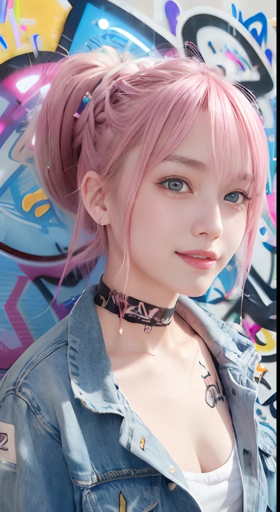 (ultra-detailliert), Black Psychedelic Shirt、Blue eyes,The upper part of the body、a closeup、18year old、faces、(A smile:1.5),(facing front:1.2),(masutepiece:1.3, Best Quality, Photorealistic, Ultra-detailed, Finely detailed, High resolution, 8K Wallpaper), 1 beautiful girl,  Beautiful face, Detailed face, Beautiful eyes, Detailed eyes, Looks fun、Smiling, earrings, Necklace, Only 1 person,Pink Hair Medium Hair, (Pink hair), Ear Hair, small tits, Single braid, (Single braid), (Side braid),on a stage, Spotlight, small tits、Denim shorts, Choker, (Graffiti:1.5), Paint Splatter, arms behind back, Against Wall, Looking at Viewer, arm band, Thigh strap, paint on body,