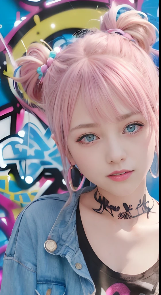 (ultra-detailliert), Black Psychedelic Shirt、Blue eyes,The upper part of the body、a closeup、18year old、faces、(A smile:1.5),(facing front:1.2),(masutepiece:1.3, Best Quality, Photorealistic, Ultra-detailed, Finely detailed, High resolution, 8K Wallpaper), 1 beautiful girl,  Beautiful face, Detailed face, Beautiful eyes, Detailed eyes, Looks fun、Smiling, earrings, Necklace, Only 1 person,Pink Hair Medium Hair, (Pink hair), Ear Hair, small tits, Single braid, (Single braid), (Side braid),on a stage, Spotlight, small tits、Denim shorts, Choker, (Graffiti:1.5), Paint Splatter, arms behind back, Against Wall, Looking at Viewer, arm band, Thigh strap, paint on body,