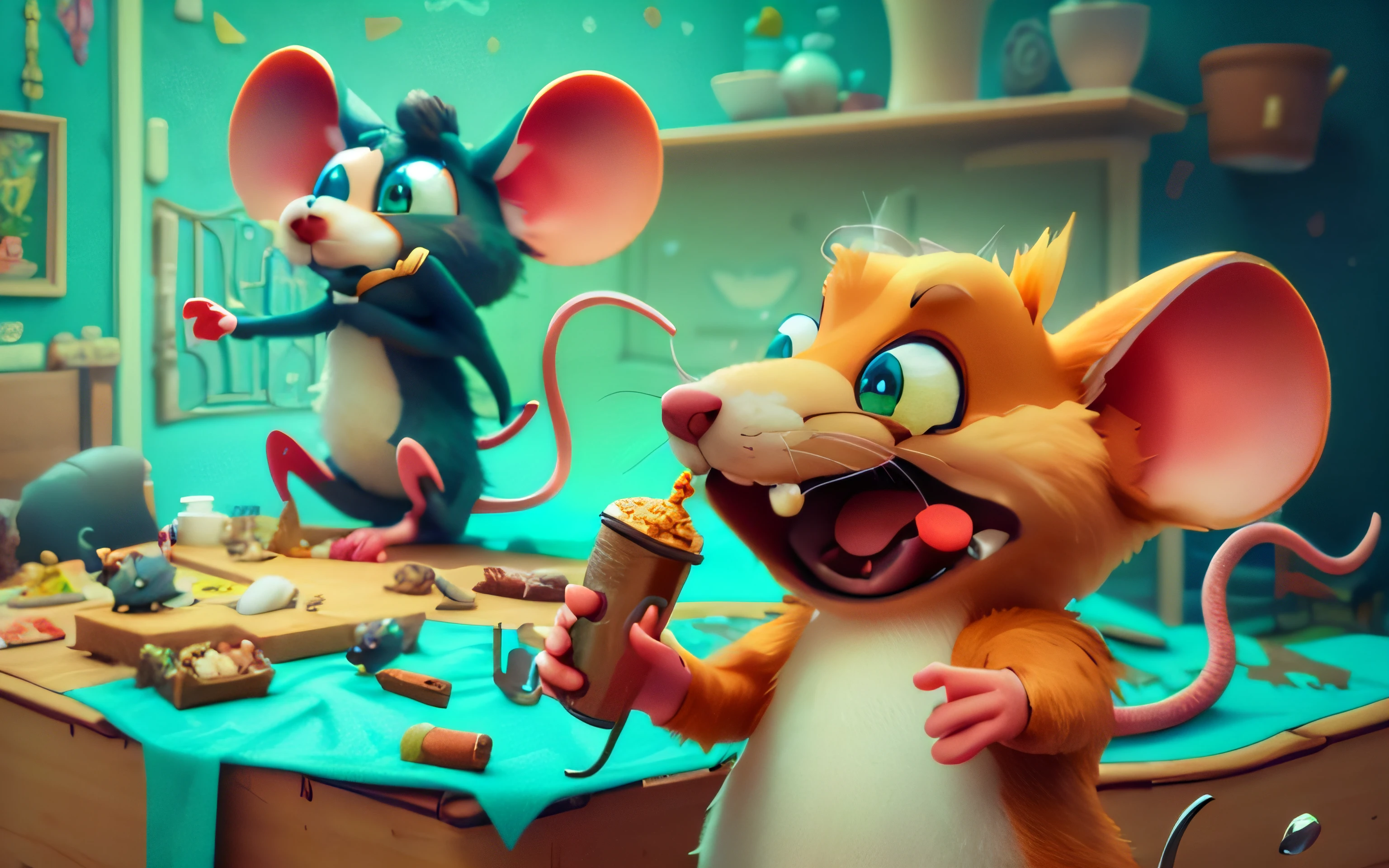 cartoon mouses in a room with a table full of food, 3 d render stylized, rats!!, rolands zilvinskis 3d render art, cute 3 d render, mobile game art, anthropomorphic mouse, 3 d epic illustrations, stylized 3d render, stylized game art, adorable digital painting, dirty rats, stylized 3 d