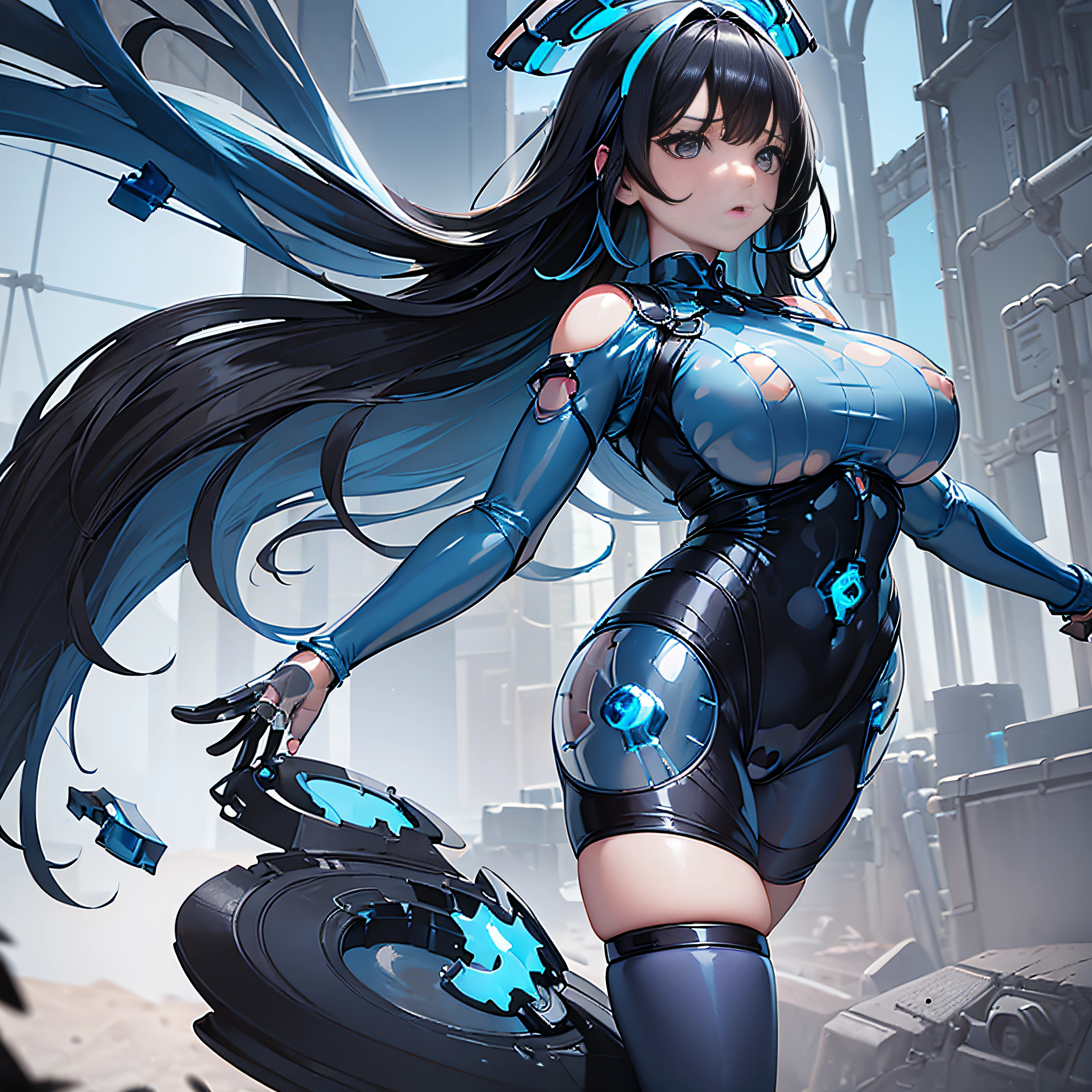 a park, Huge breasts, (A dark-haired:1.5), (Blue Clear Parts:2)Thin bodysuit, Little Girl