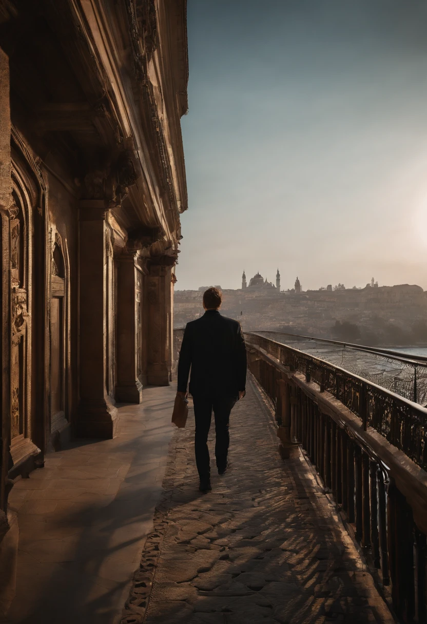 (8k unidade de papel de parede CG extremamente detalhado, master part, best quality, ultra-detalhado), (((sozinho)))), ((tiro extremamente largo:1.15)), a man on a bridge looking at a scientific city in the distance in the background, ((Back view)), ((corpo inteiro)), (High detail), (detalhes intrincados), intrincado, Superb dinner, ambiente detalhado, ambiente altamente detalhado, ilustrador, (master part).