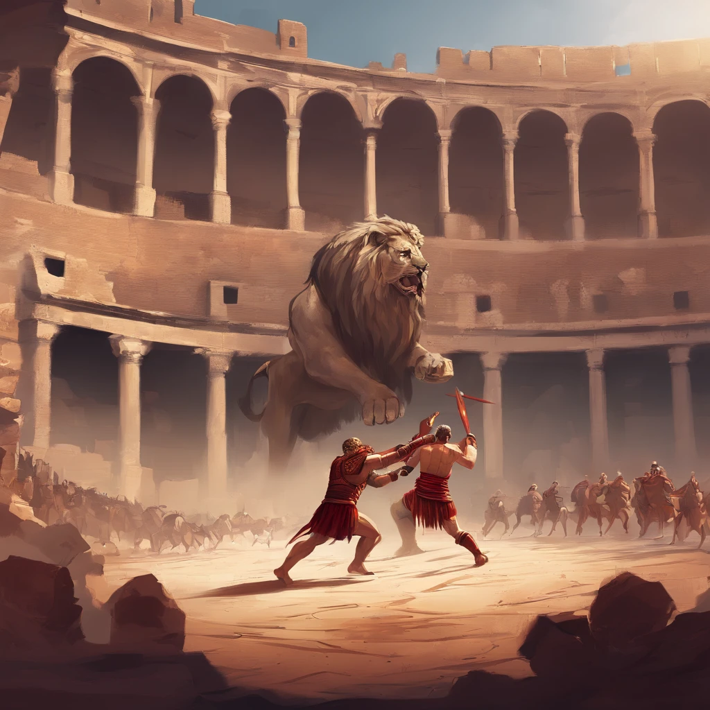 Roman slave fighting a lion in the colosseum