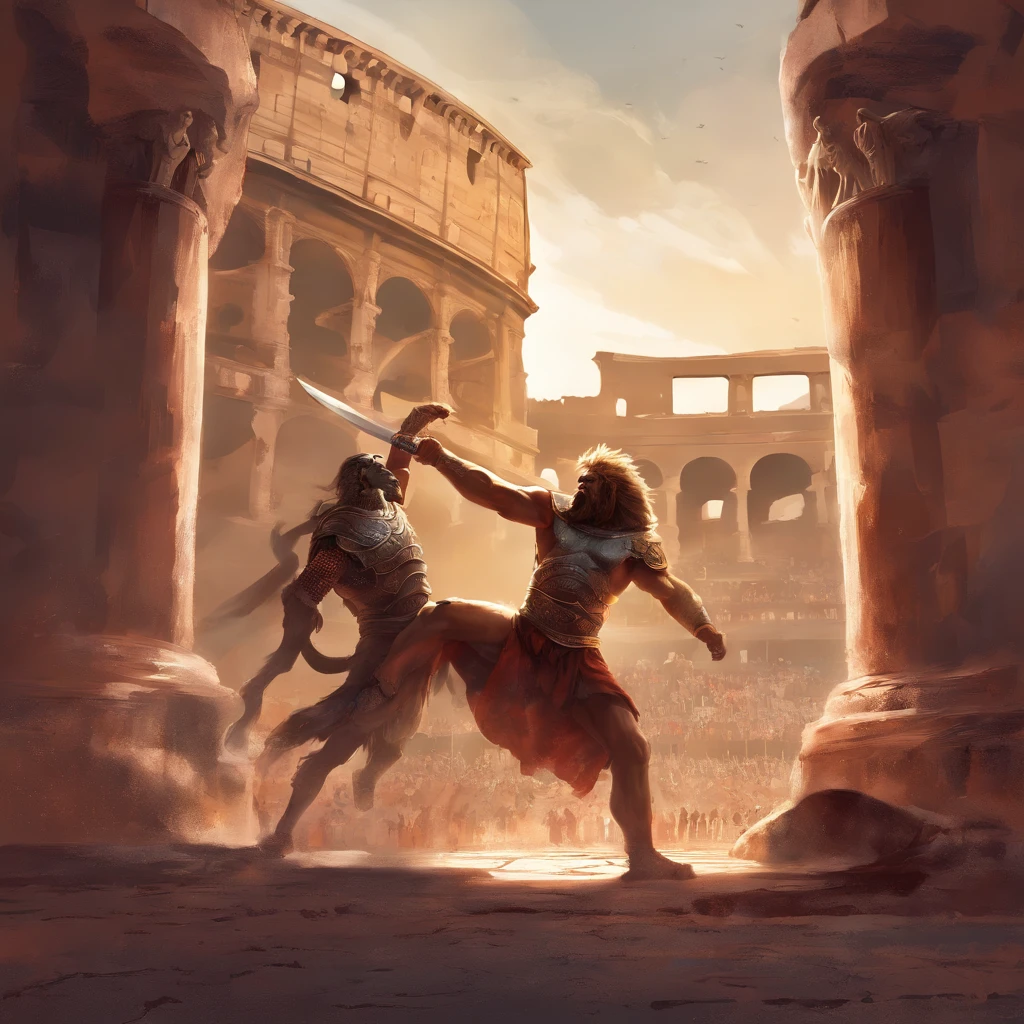 Roman slave fighting a lion in the colosseum